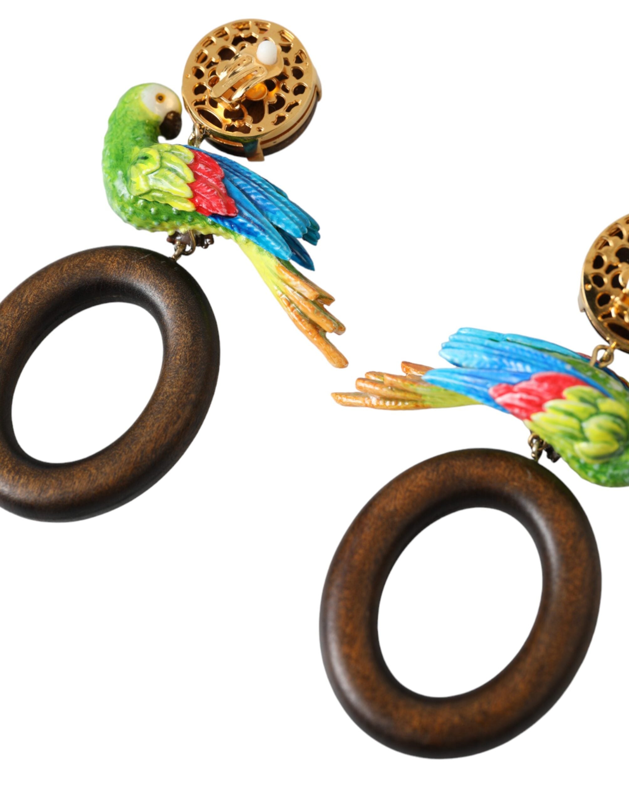 Multicolor Parrot Wood Brass Crystal Embellished Earrings - ventzia