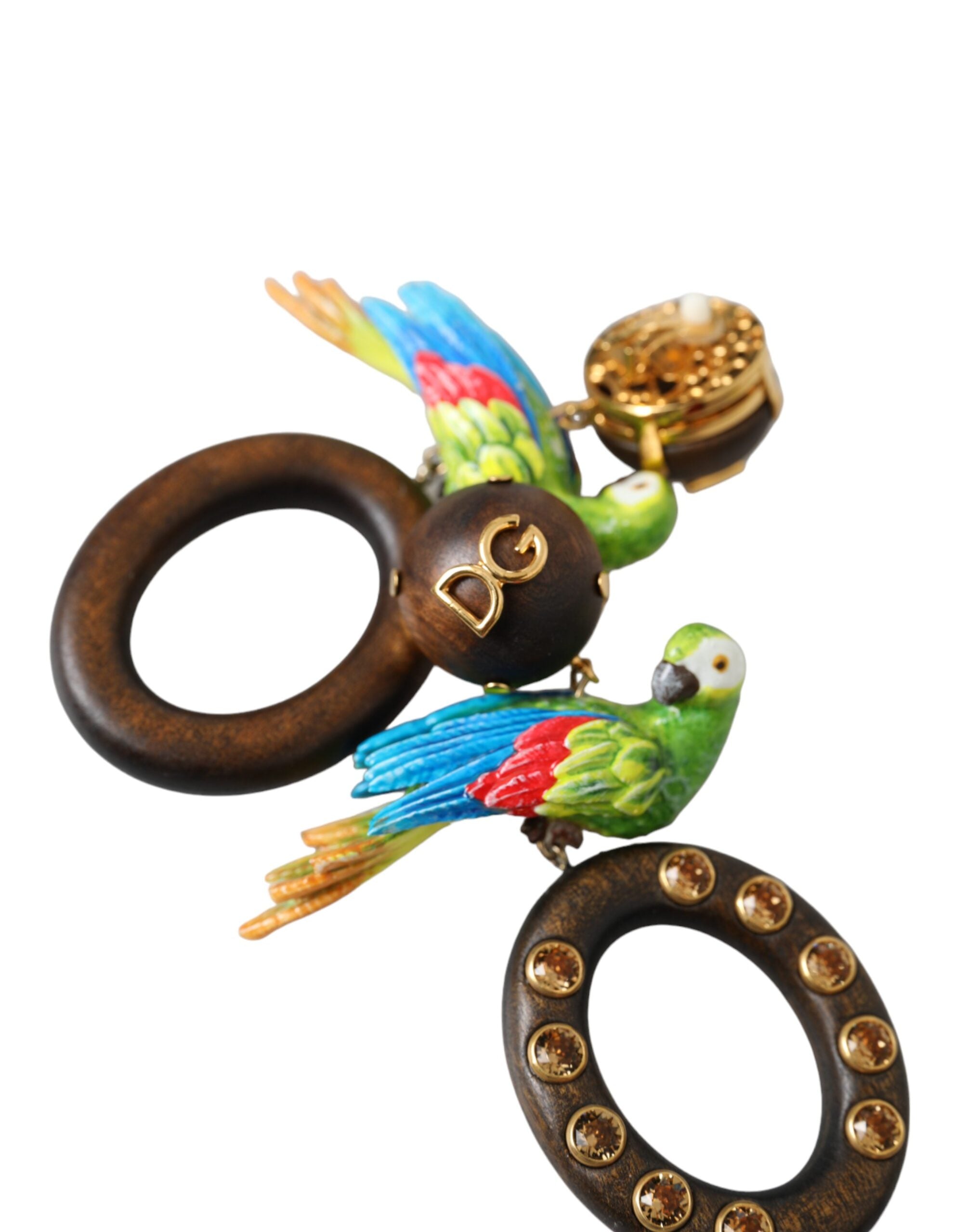 Multicolor Parrot Wood Brass Crystal Embellished Earrings - ventzia