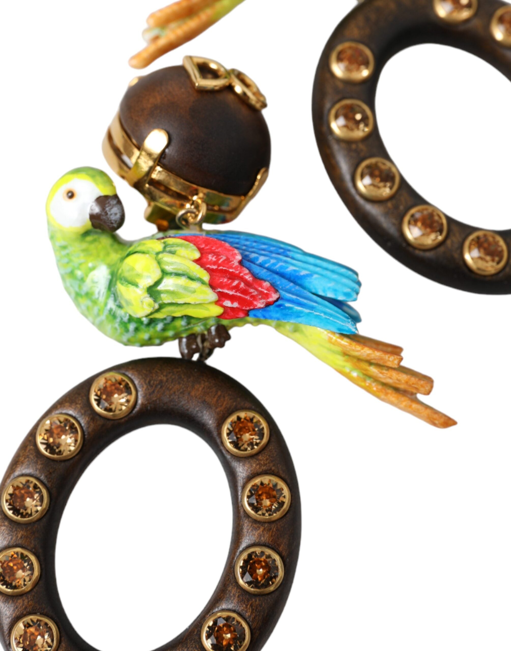 Multicolor Parrot Wood Brass Crystal Embellished Earrings - ventzia