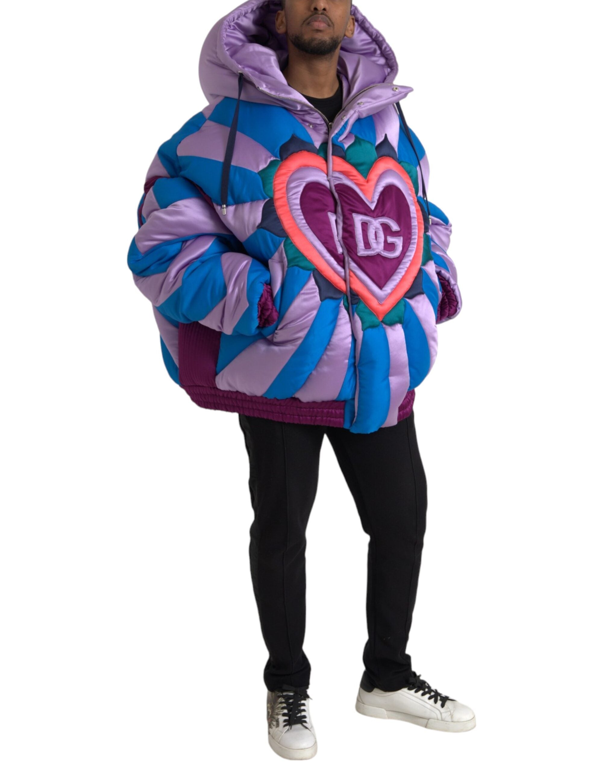 Multicolor Heart Logo Hooded Puffer Jacket - ventzia