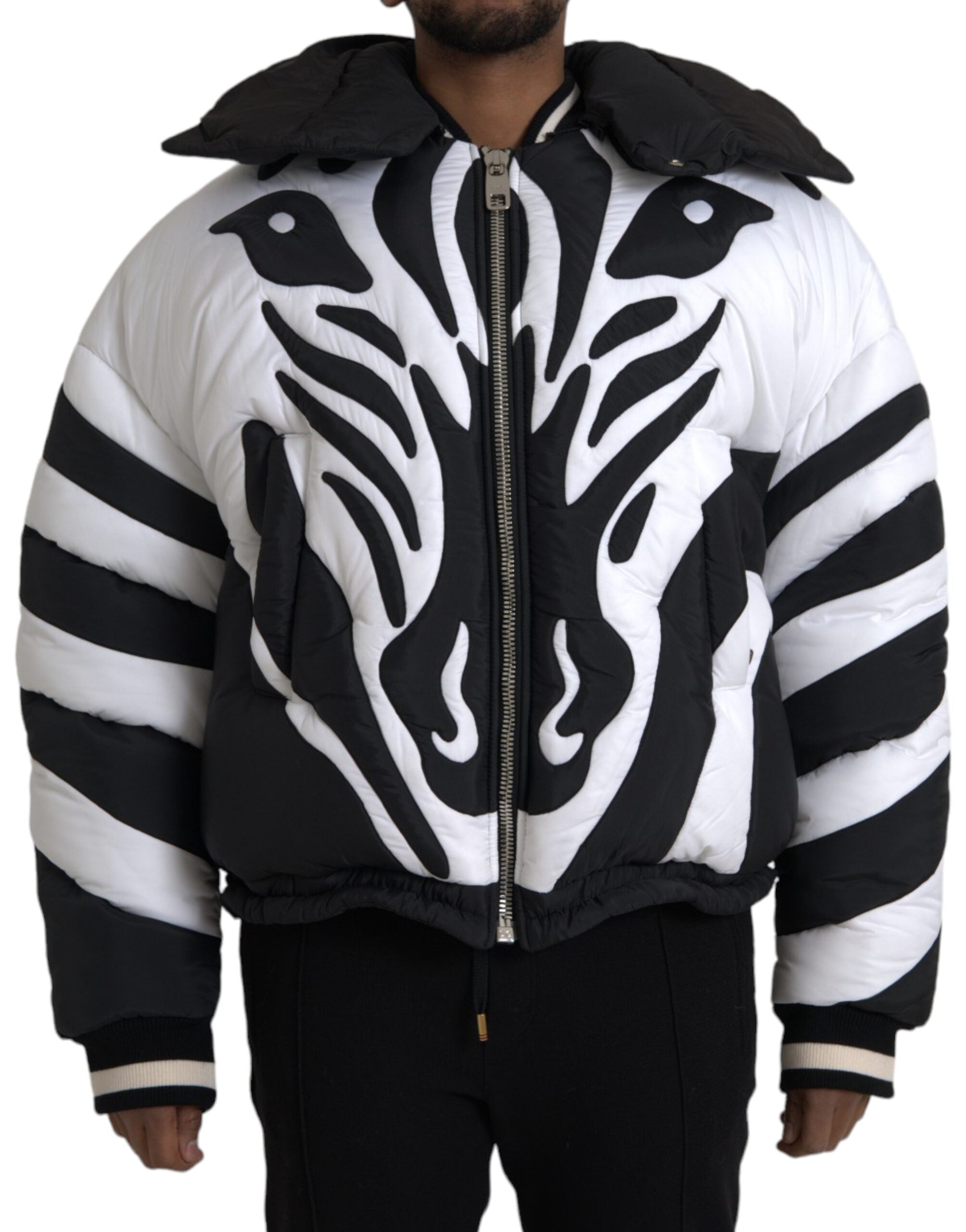 Black White Stripes Hooded Puffer Jacket - ventzia