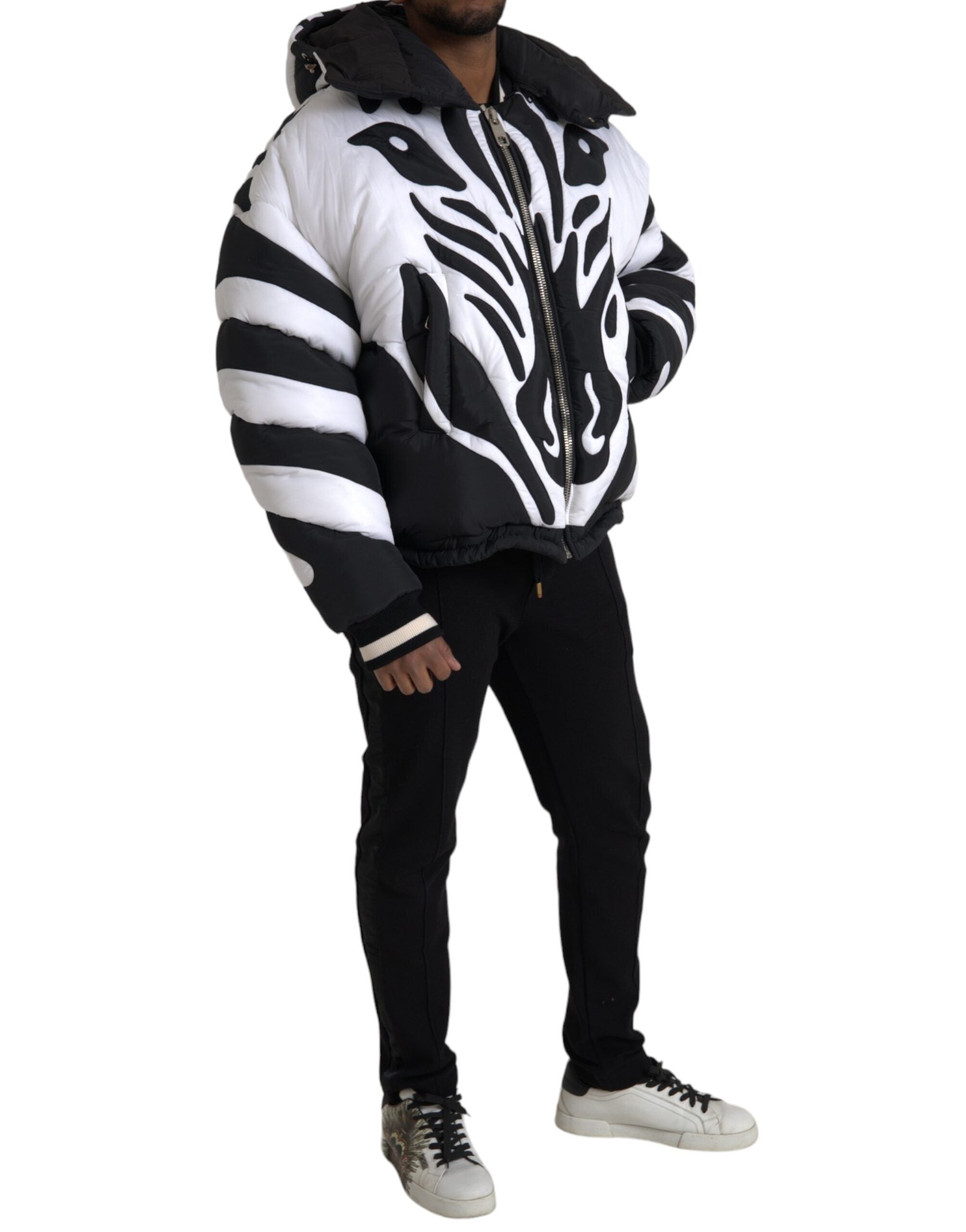 Black White Stripes Hooded Puffer Jacket - ventzia