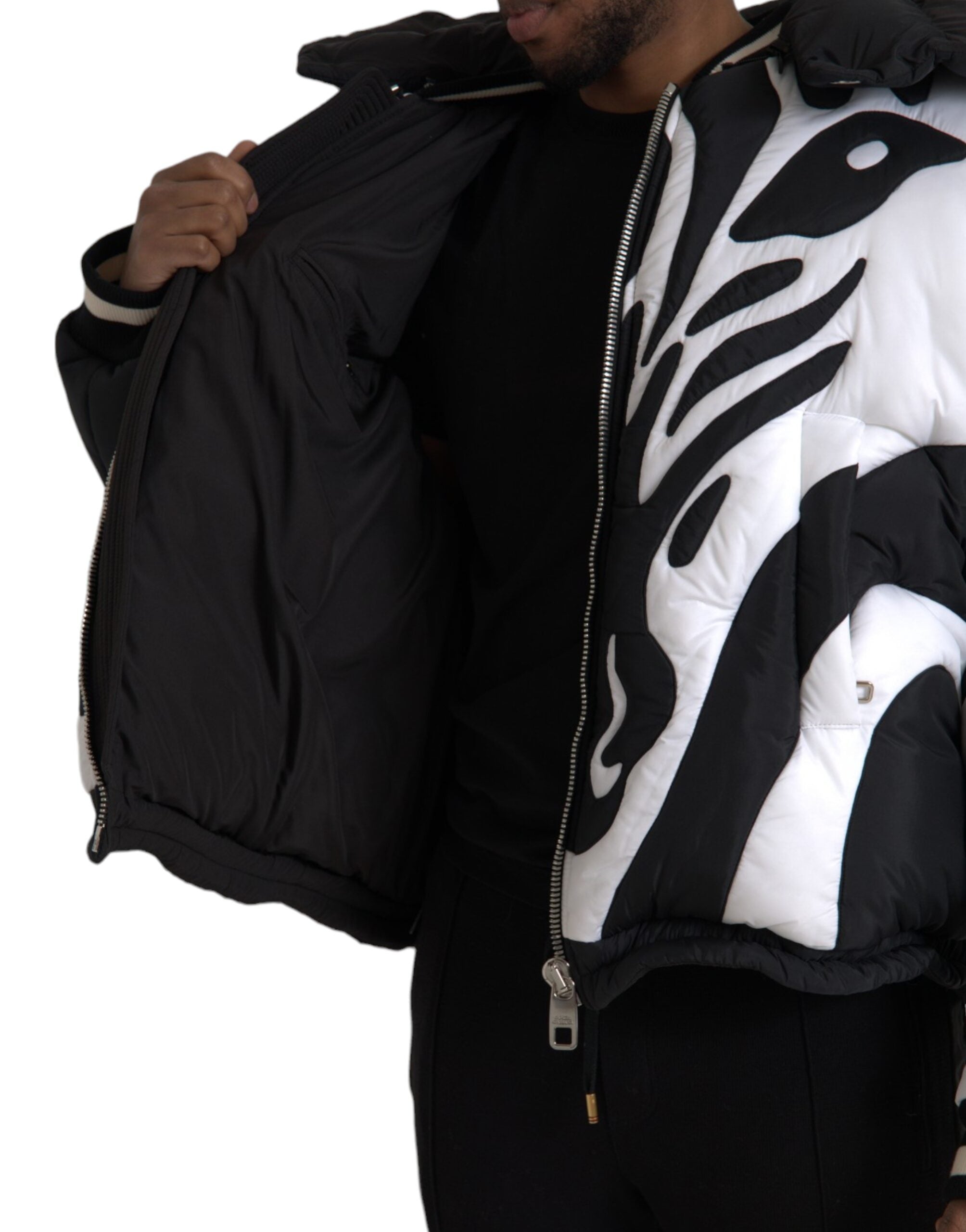 Black White Stripes Hooded Puffer Jacket - ventzia
