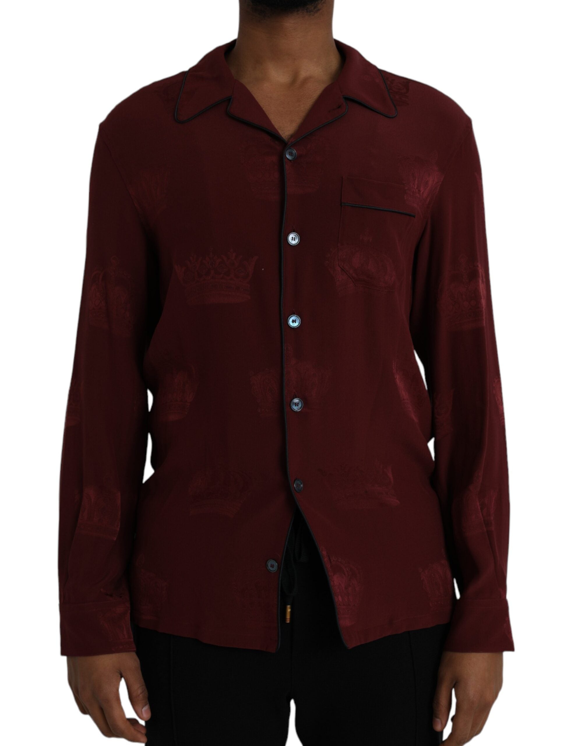 Maroon Crown Jacquard Silk Long Sleeve Shirt - ventzia