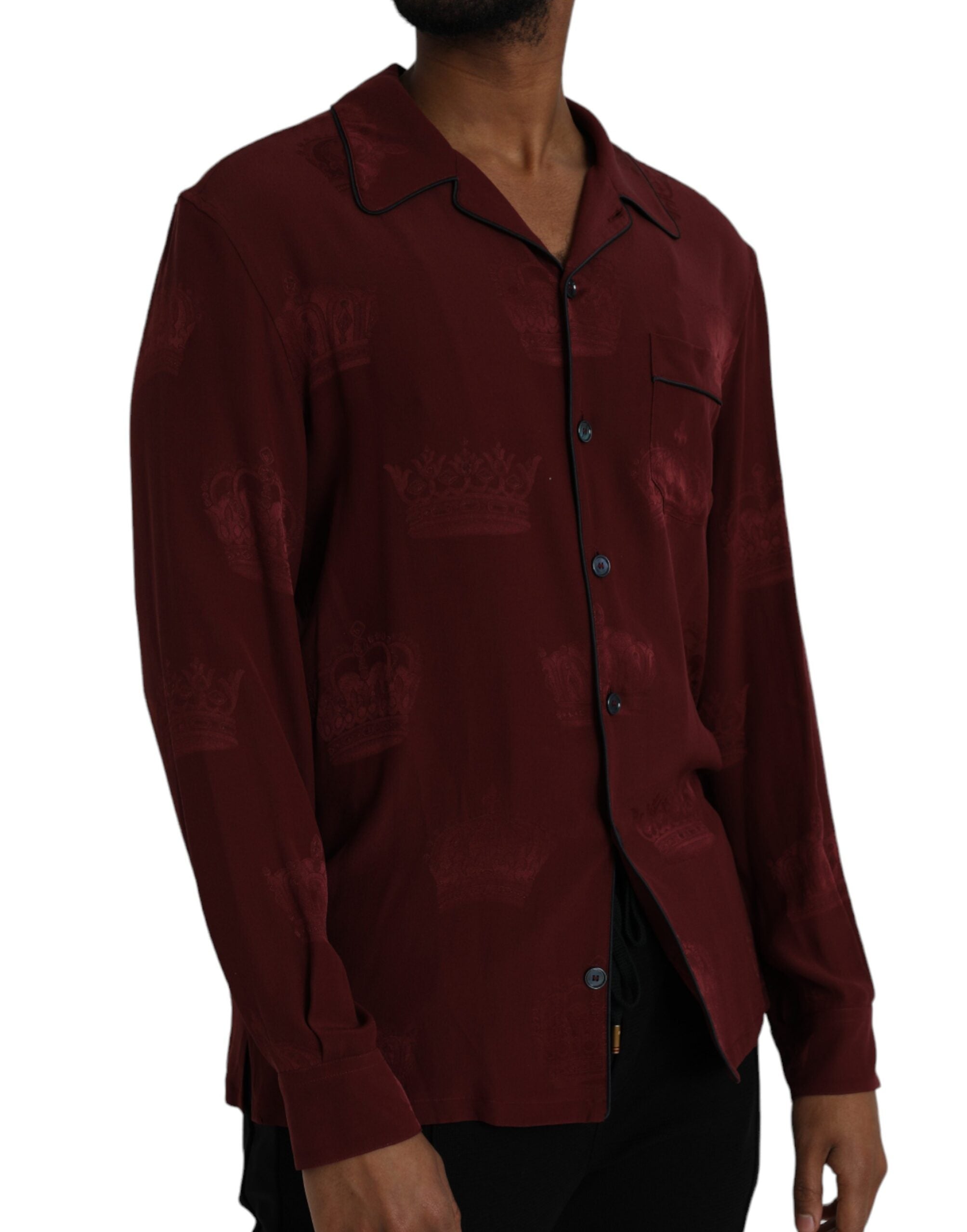 Maroon Crown Jacquard Silk Long Sleeve Shirt - ventzia