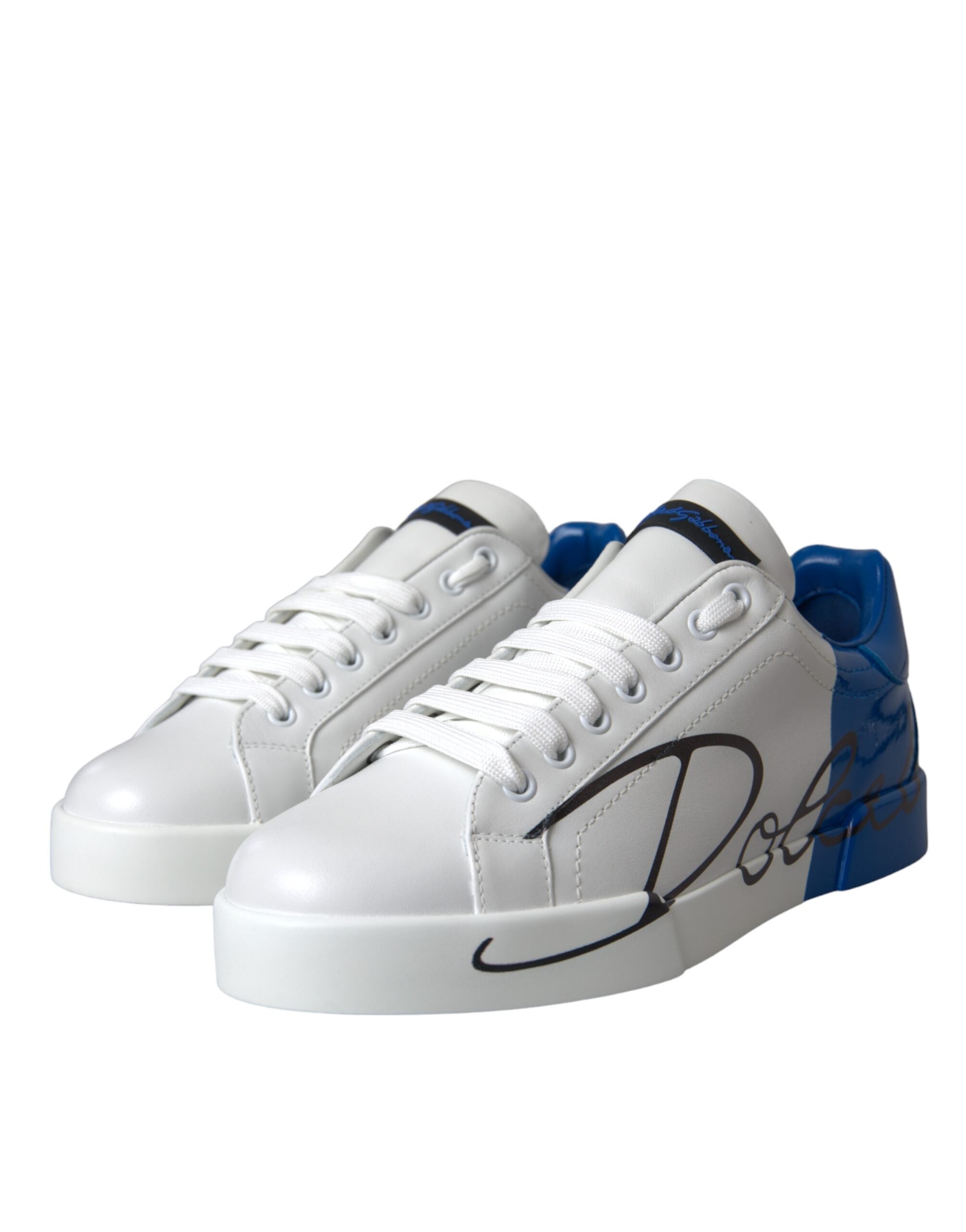 White Blue Leather Logo Low Top Sneakers Shoes - ventzia