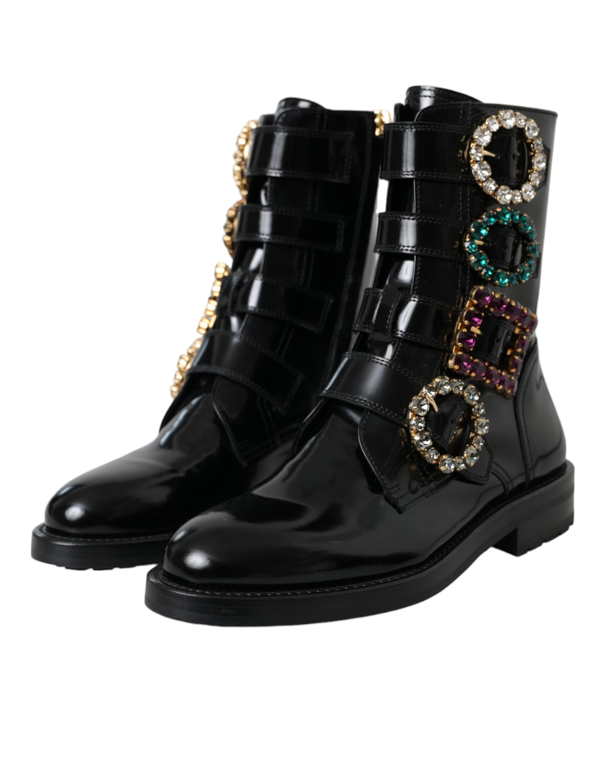 Black Leather Crystal Buckles Boots Shoes - ventzia