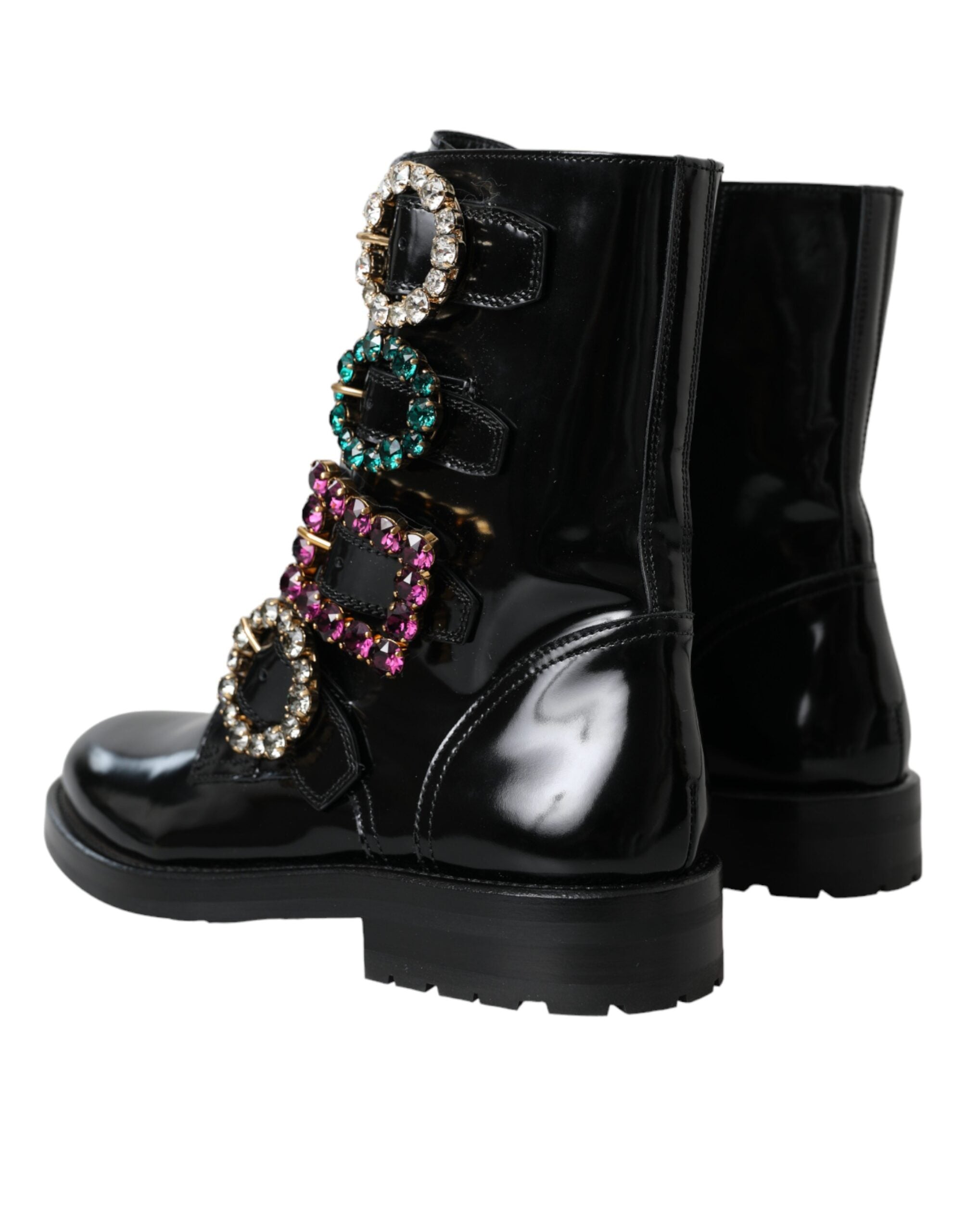 Black Leather Crystal Buckles Boots Shoes - ventzia
