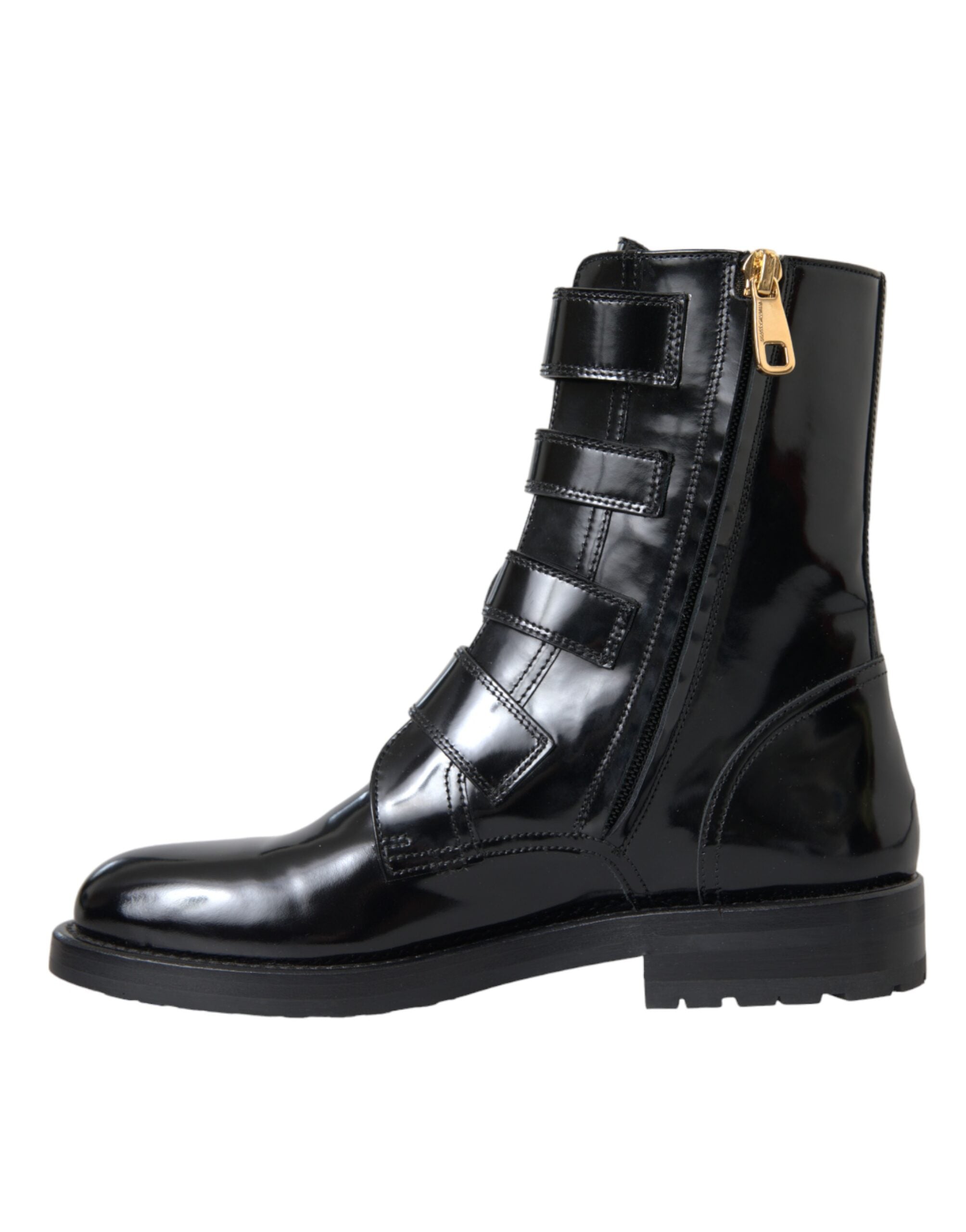 Black Leather Crystal Buckles Boots Shoes - ventzia