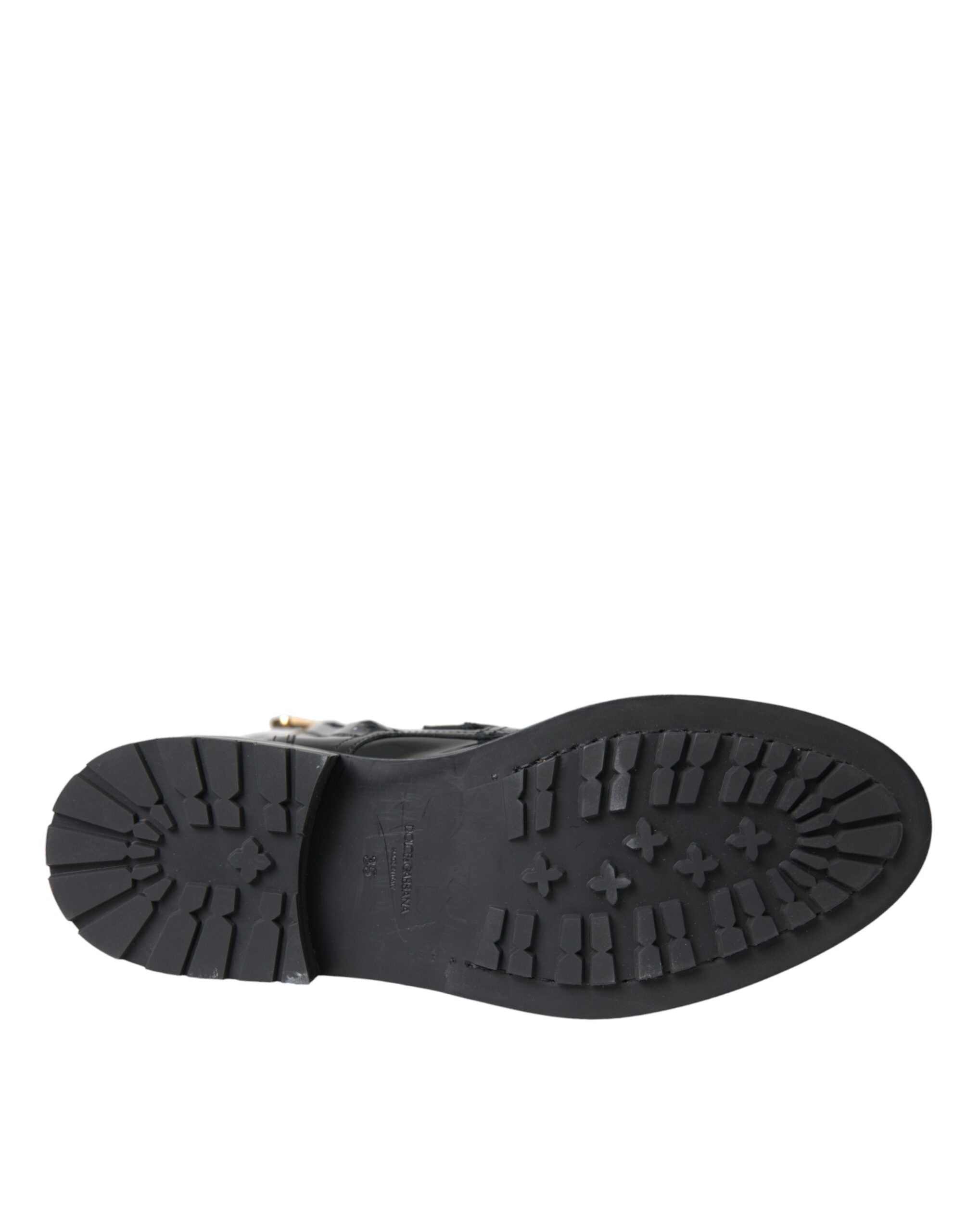 Black Leather Crystal Buckles Boots Shoes - ventzia