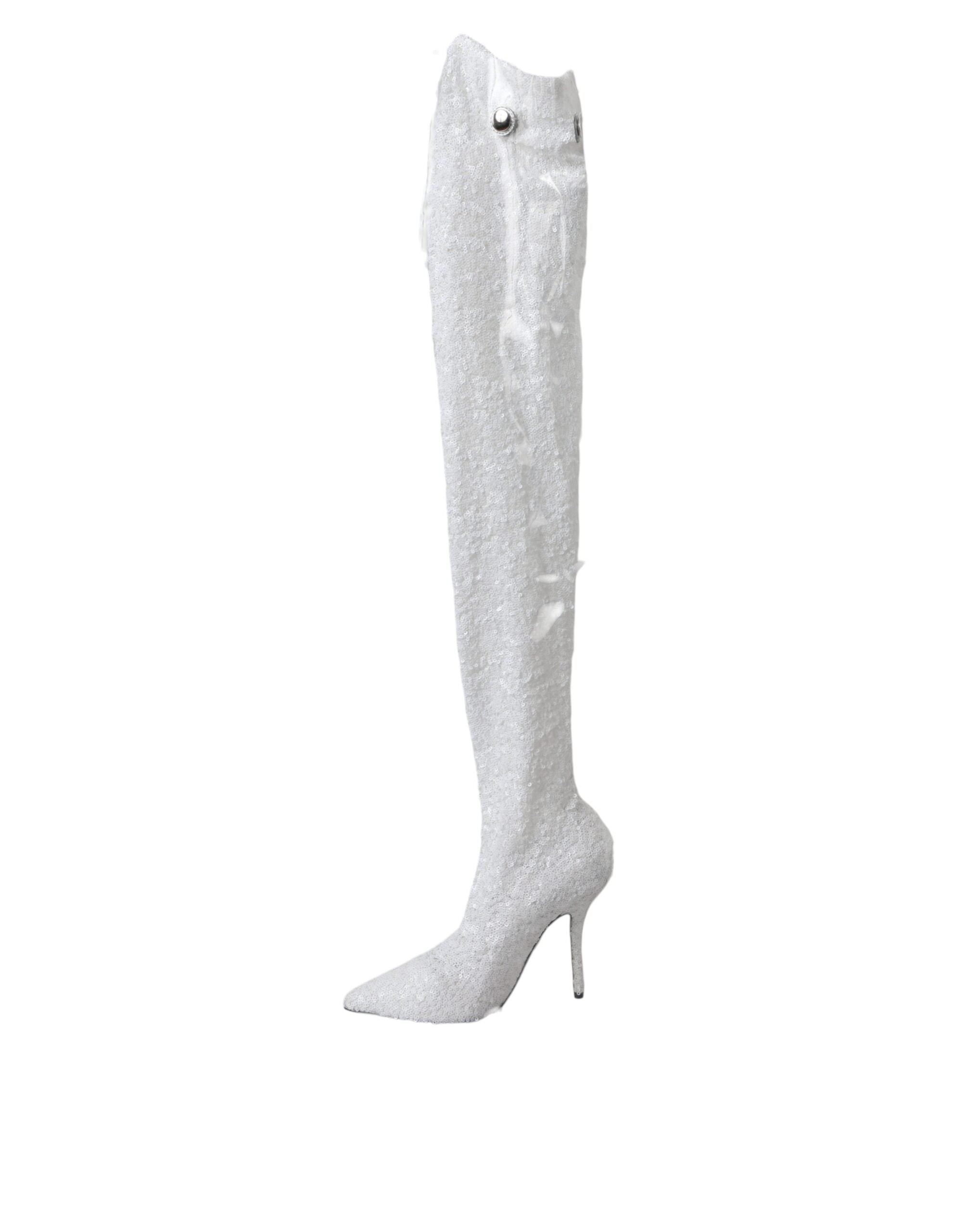 White Heels Stiletto Knee High Boots Shoes - ventzia