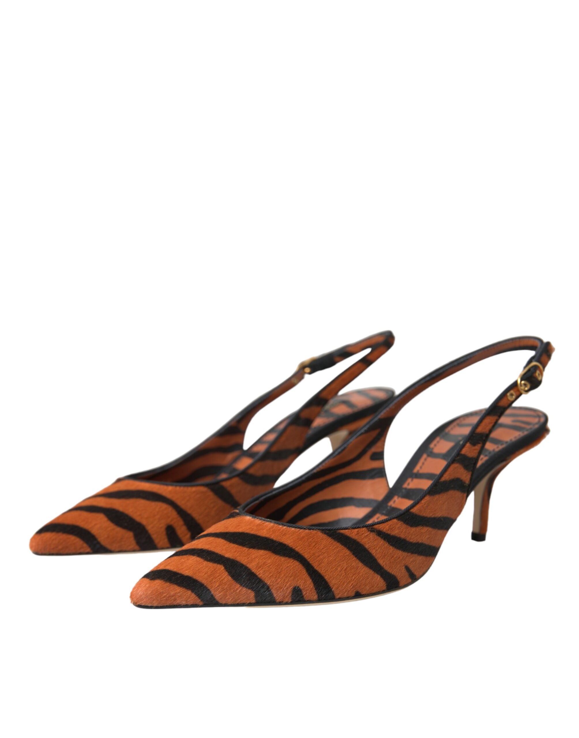 Black Orange Zebra Leather Slingbacks Shoes - ventzia