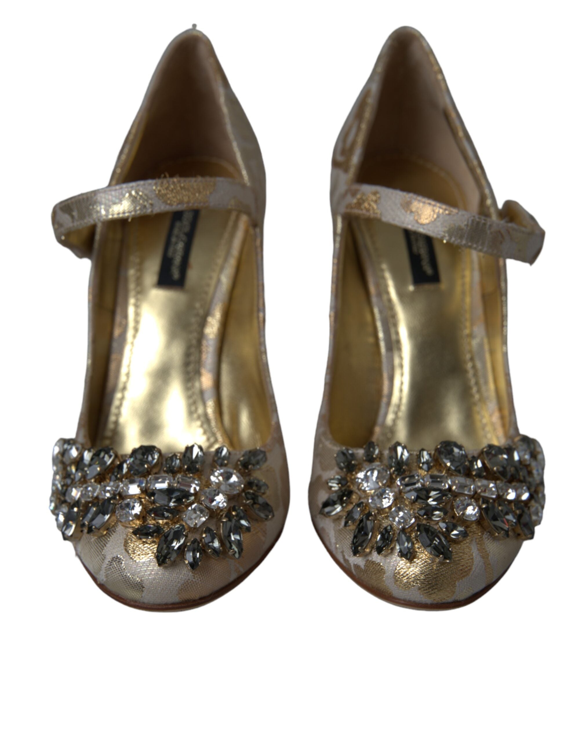 Gold Jacquard Crystal Mary Janes Pumps Shoes - ventzia