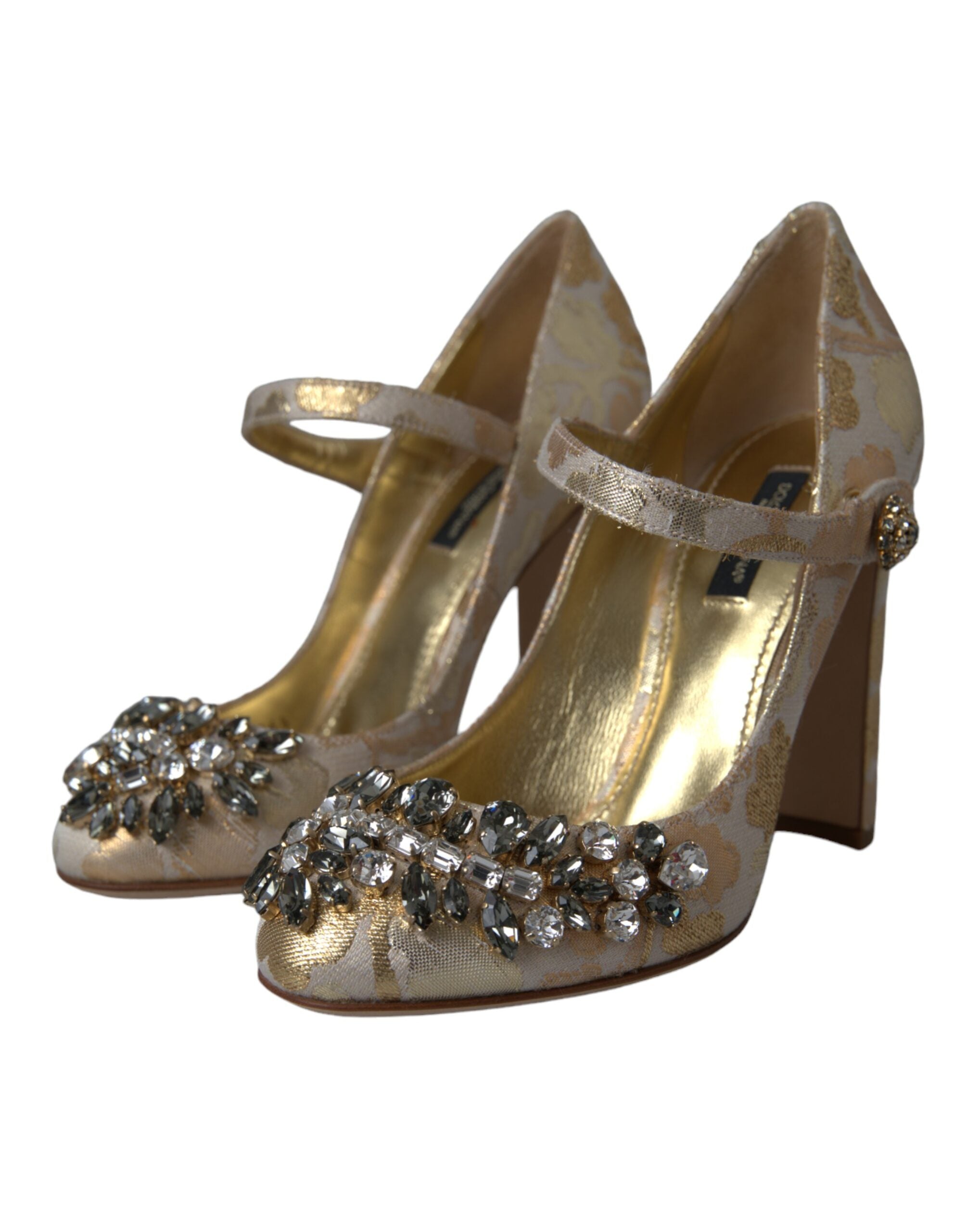 Gold Jacquard Crystal Mary Janes Pumps Shoes - ventzia