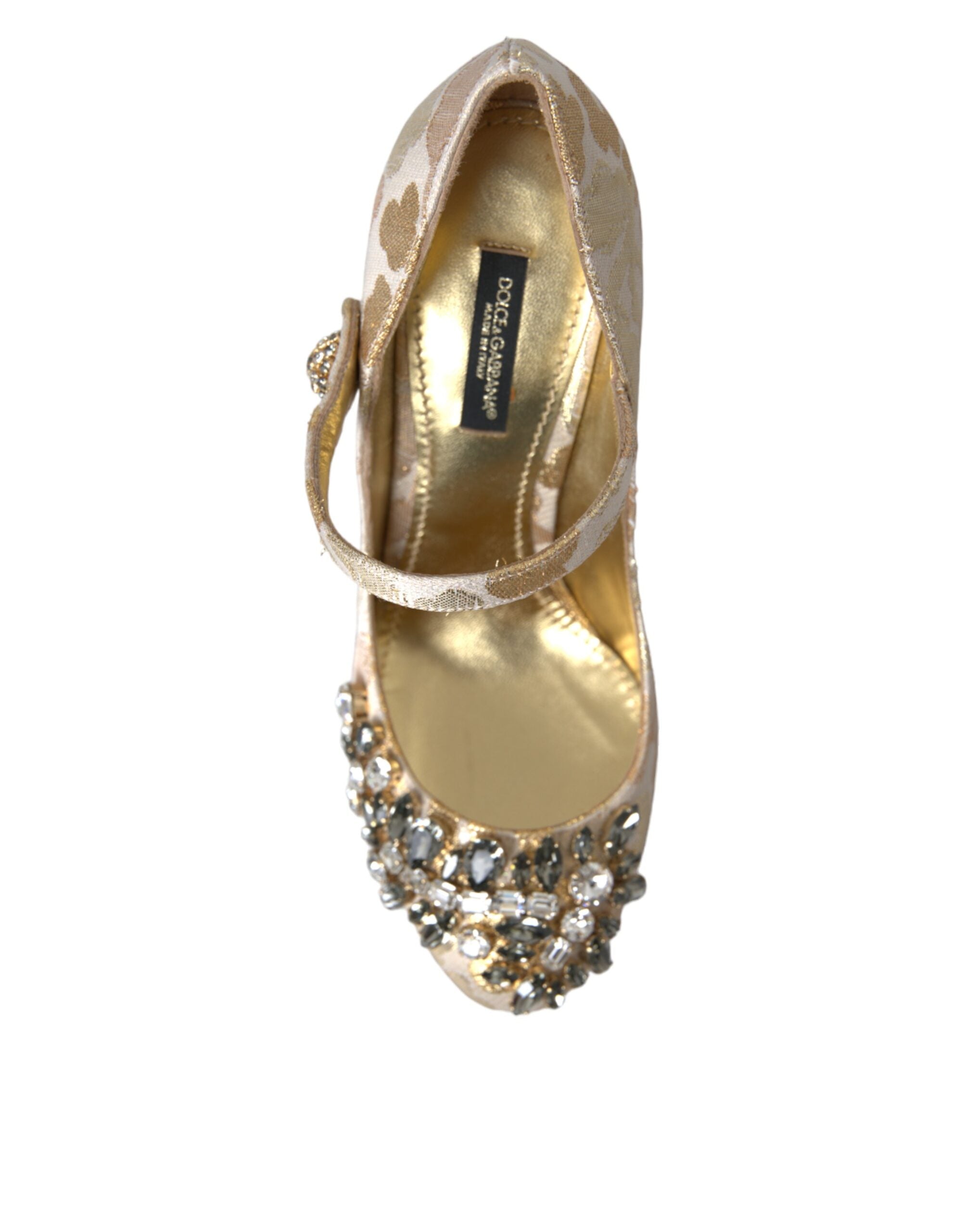 Gold Jacquard Crystal Mary Janes Pumps Shoes - ventzia