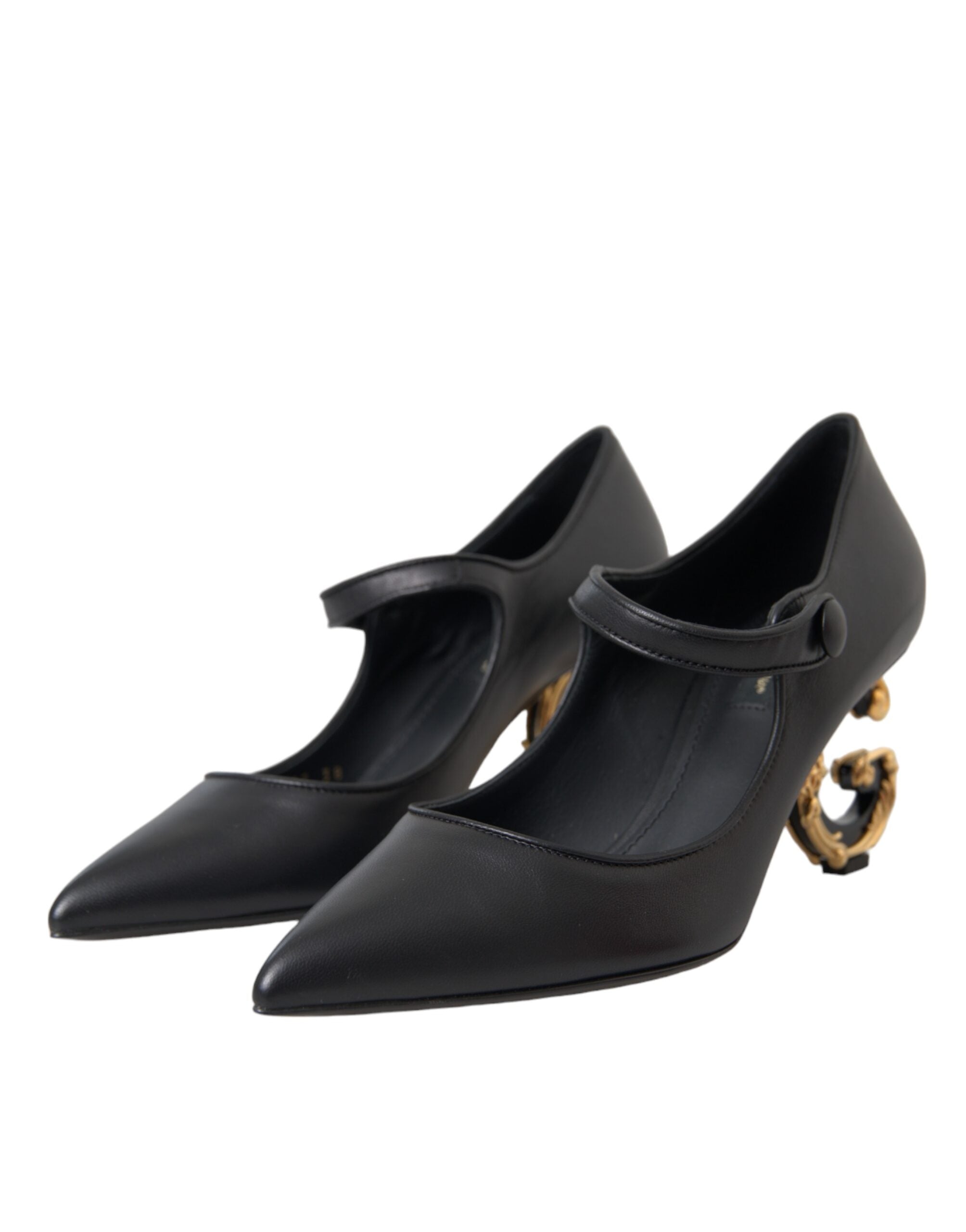 Black Leather Logo Heels Mary Janes Pumps Shoes - ventzia