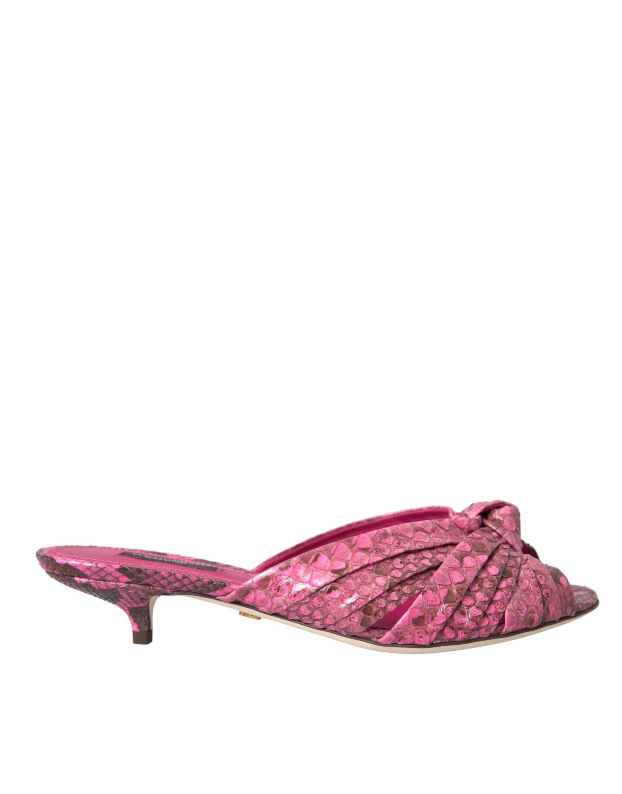 Pink Exotic Leather Kitten Heels Slides Shoes - ventzia