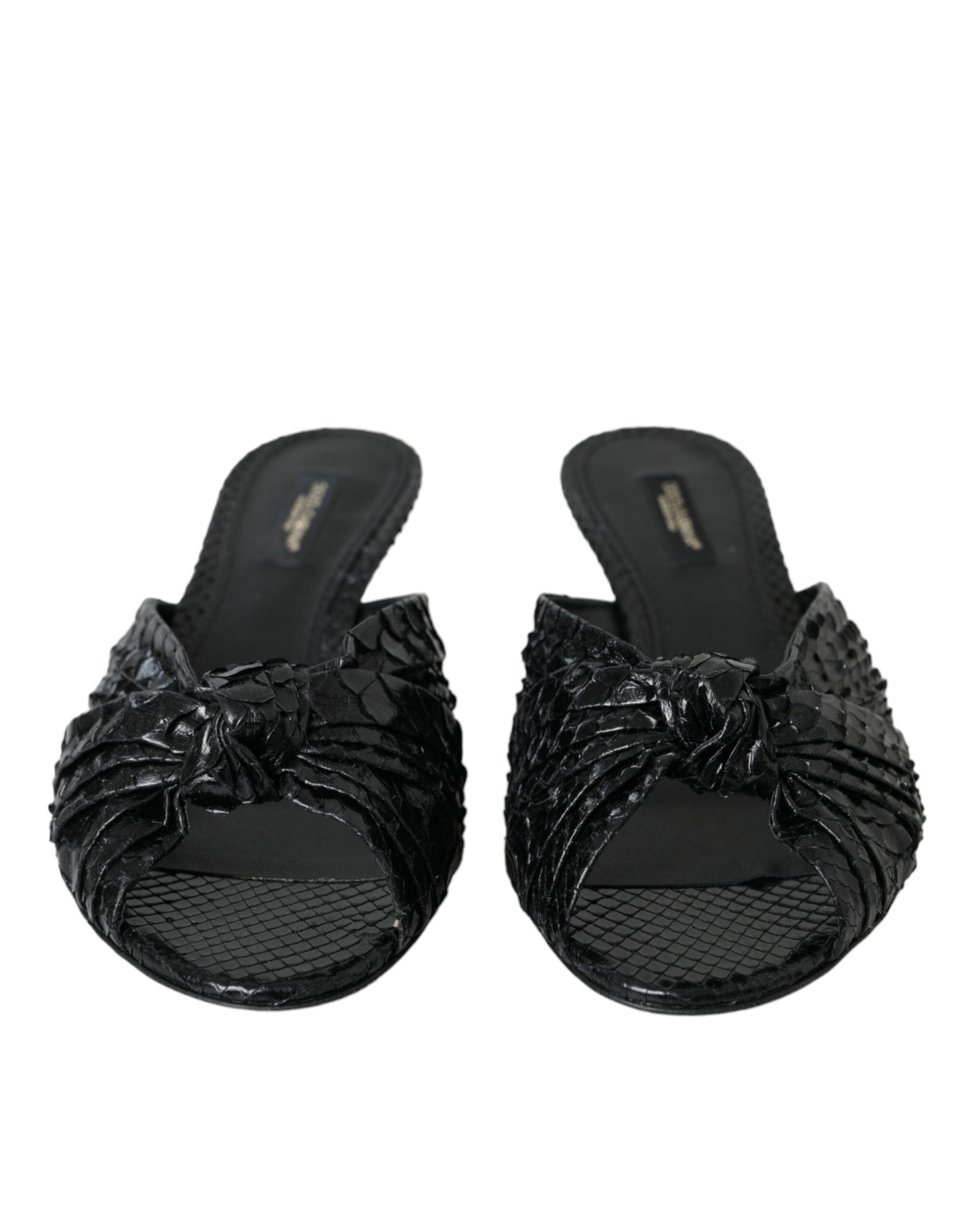 Black Exotic Leather Heels Slides Shoes - ventzia
