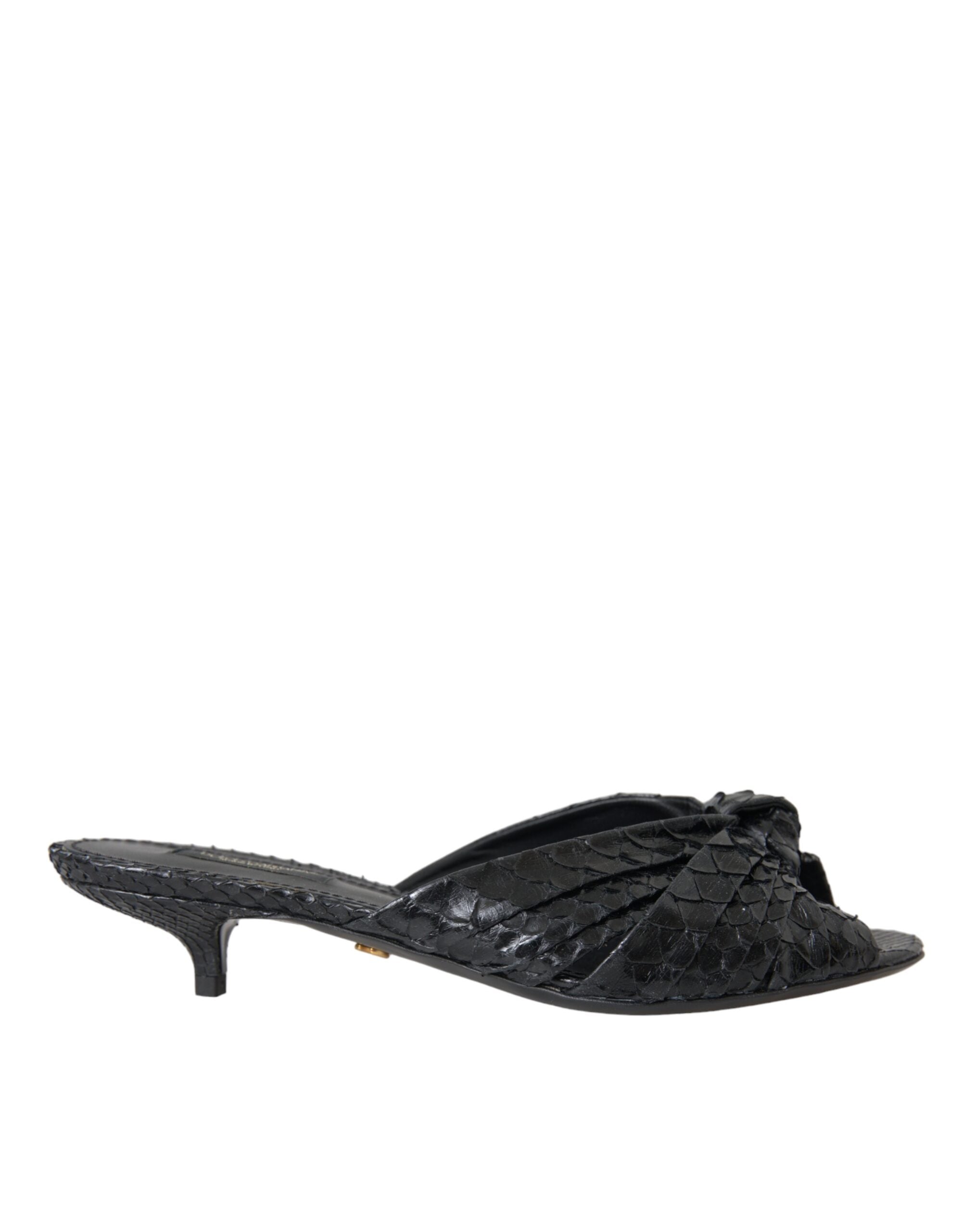 Black Exotic Leather Heels Slides Shoes - ventzia