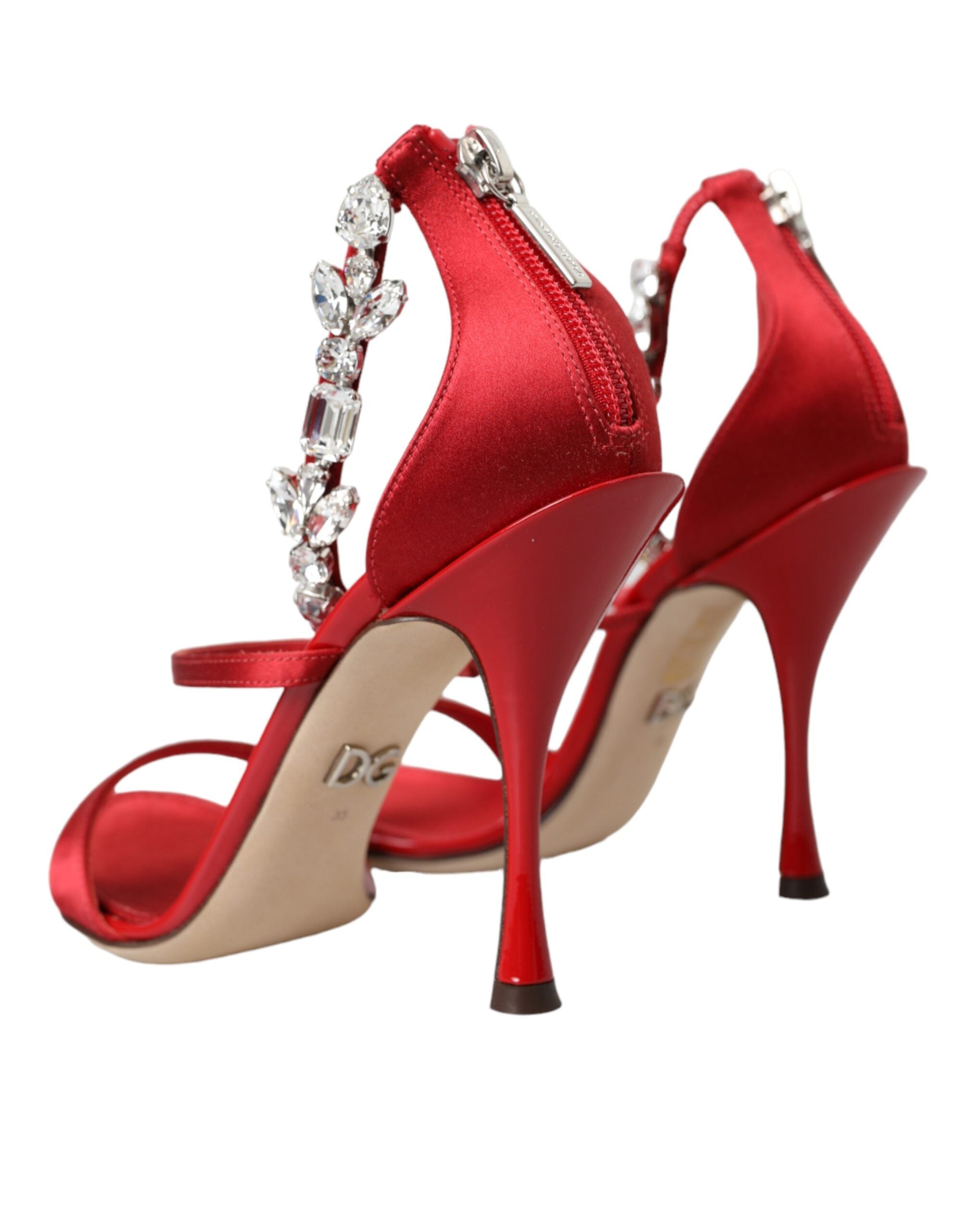 Red Keira Satin Crystals Sandals Heels Shoes - ventzia