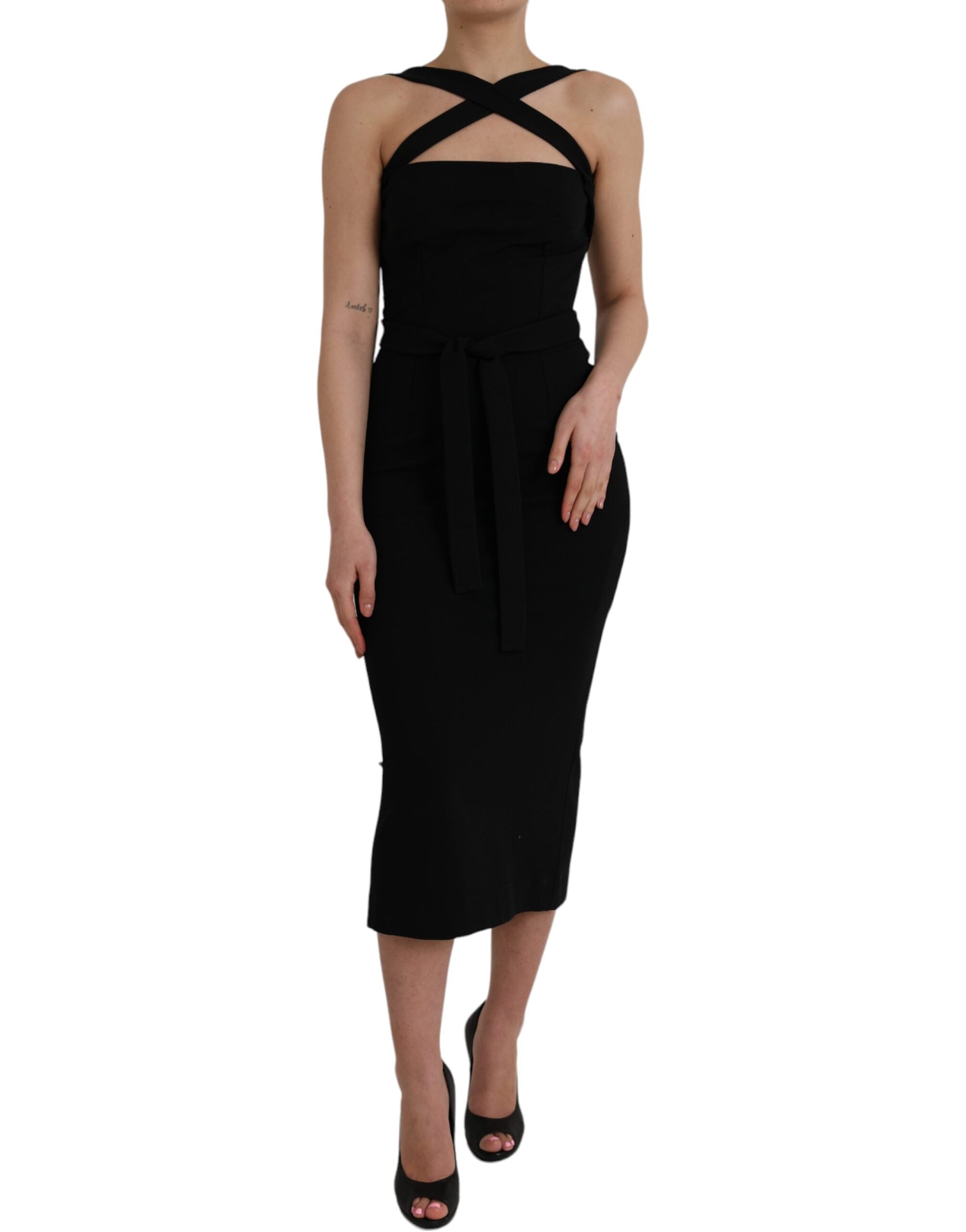 Black Sheath Halter Sleeveless Midi Dress - ventzia