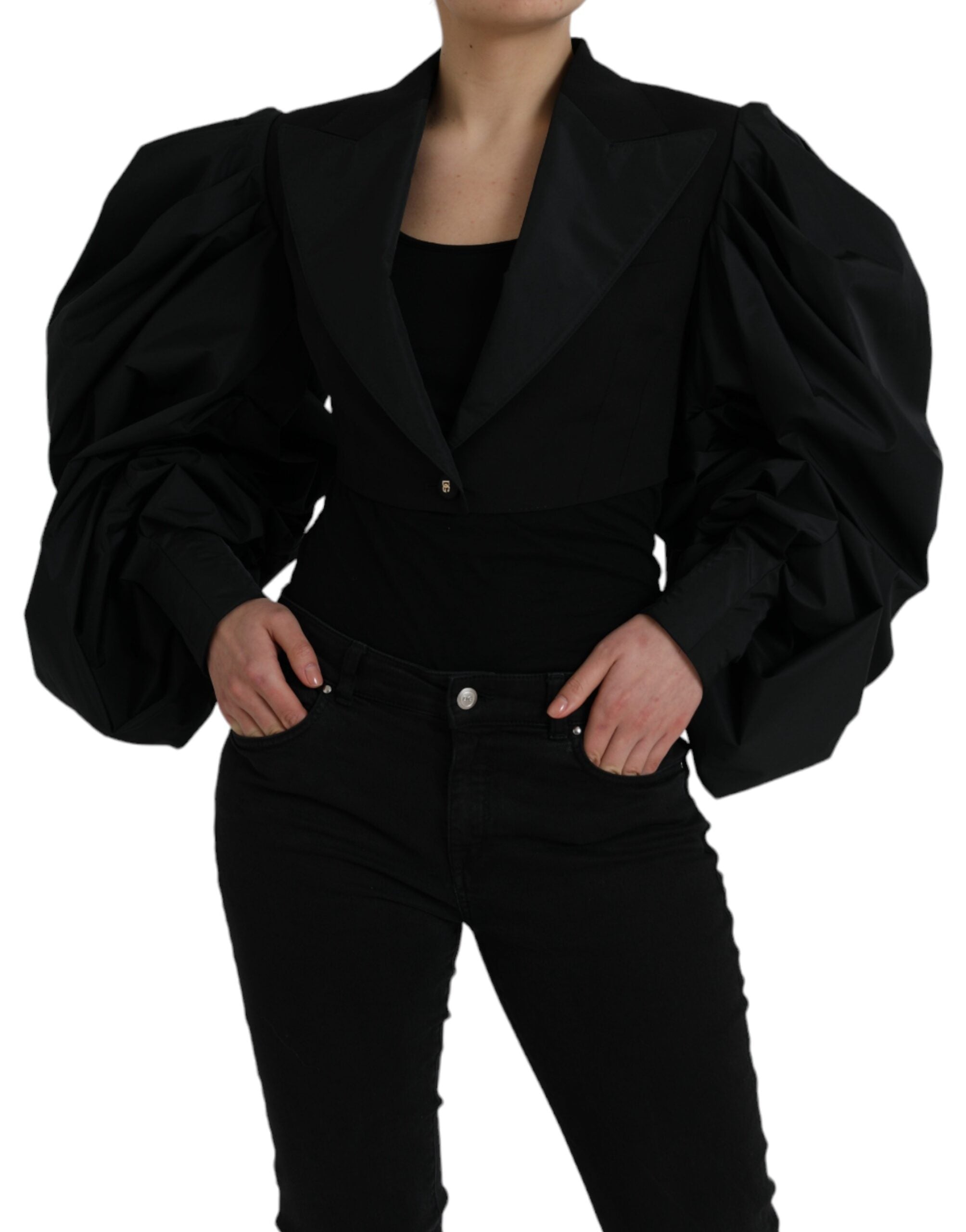 Black Polyester Puffed Sleeves Cropped Jacket - ventzia