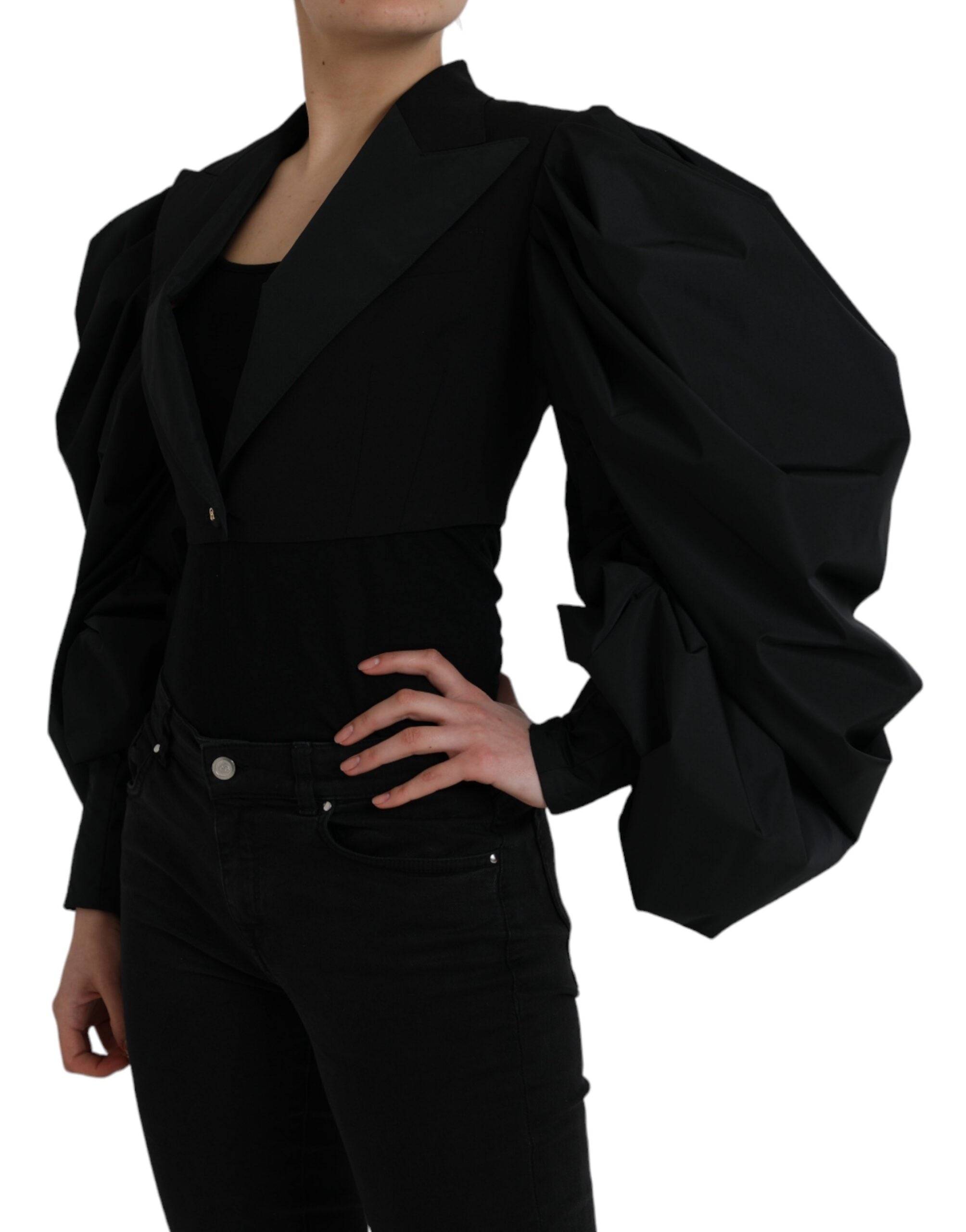 Black Polyester Puffed Sleeves Cropped Jacket - ventzia