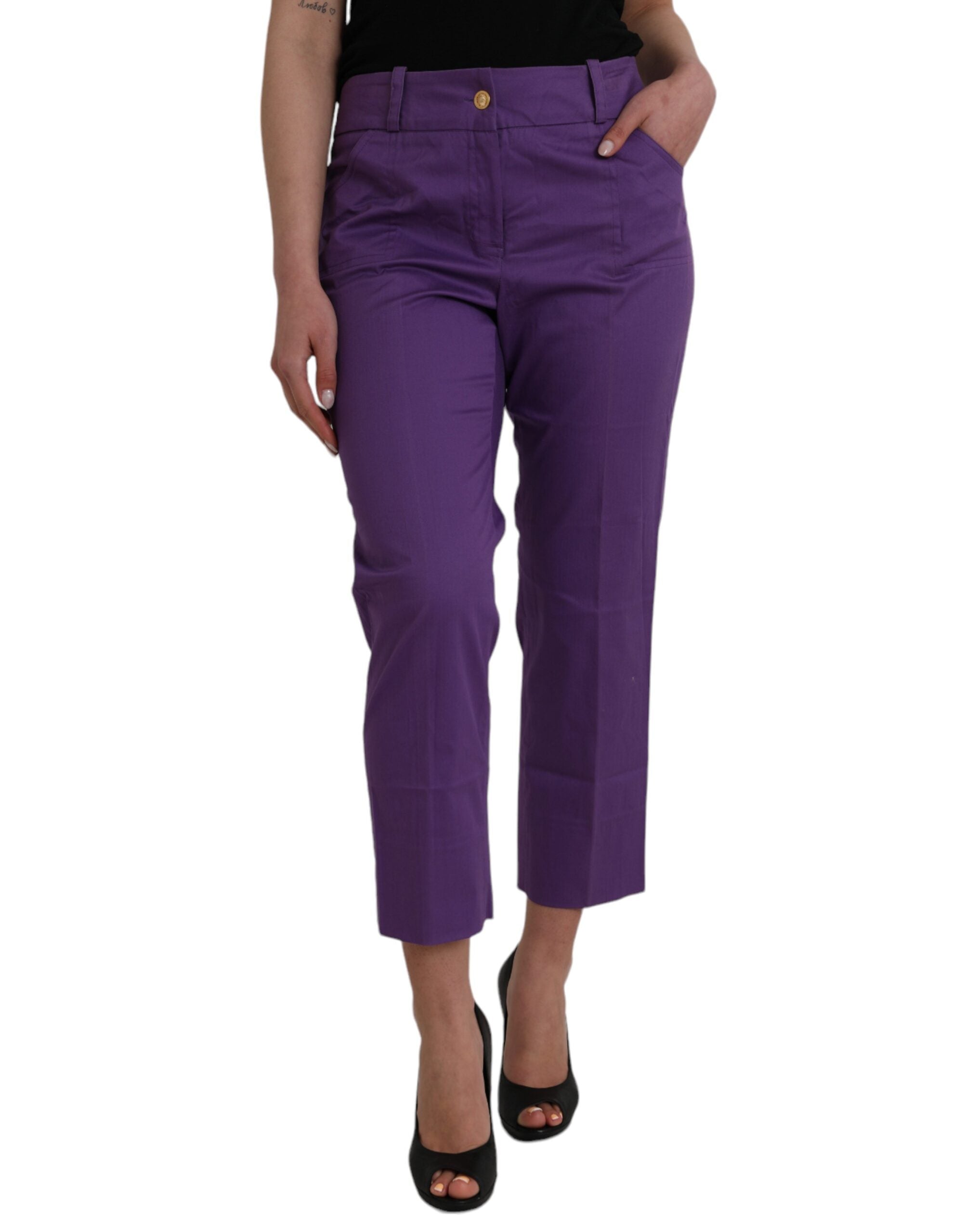 Purple Cotton MidWaist Straight Cropped Pants - ventzia