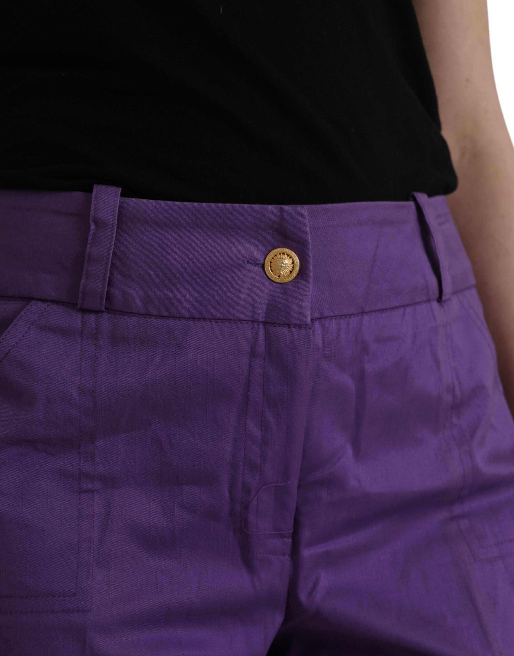 Purple Cotton MidWaist Straight Cropped Pants - ventzia