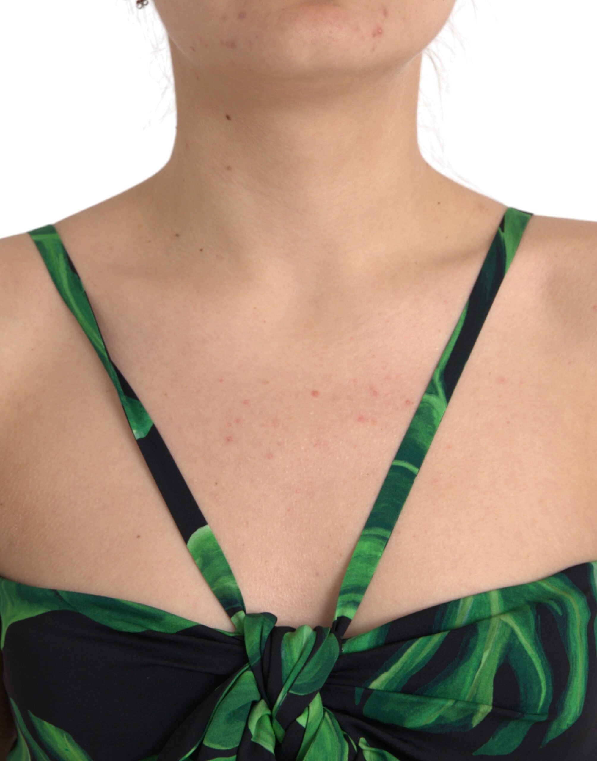 Black Green Leaf Silk Halter Cropped Top - ventzia