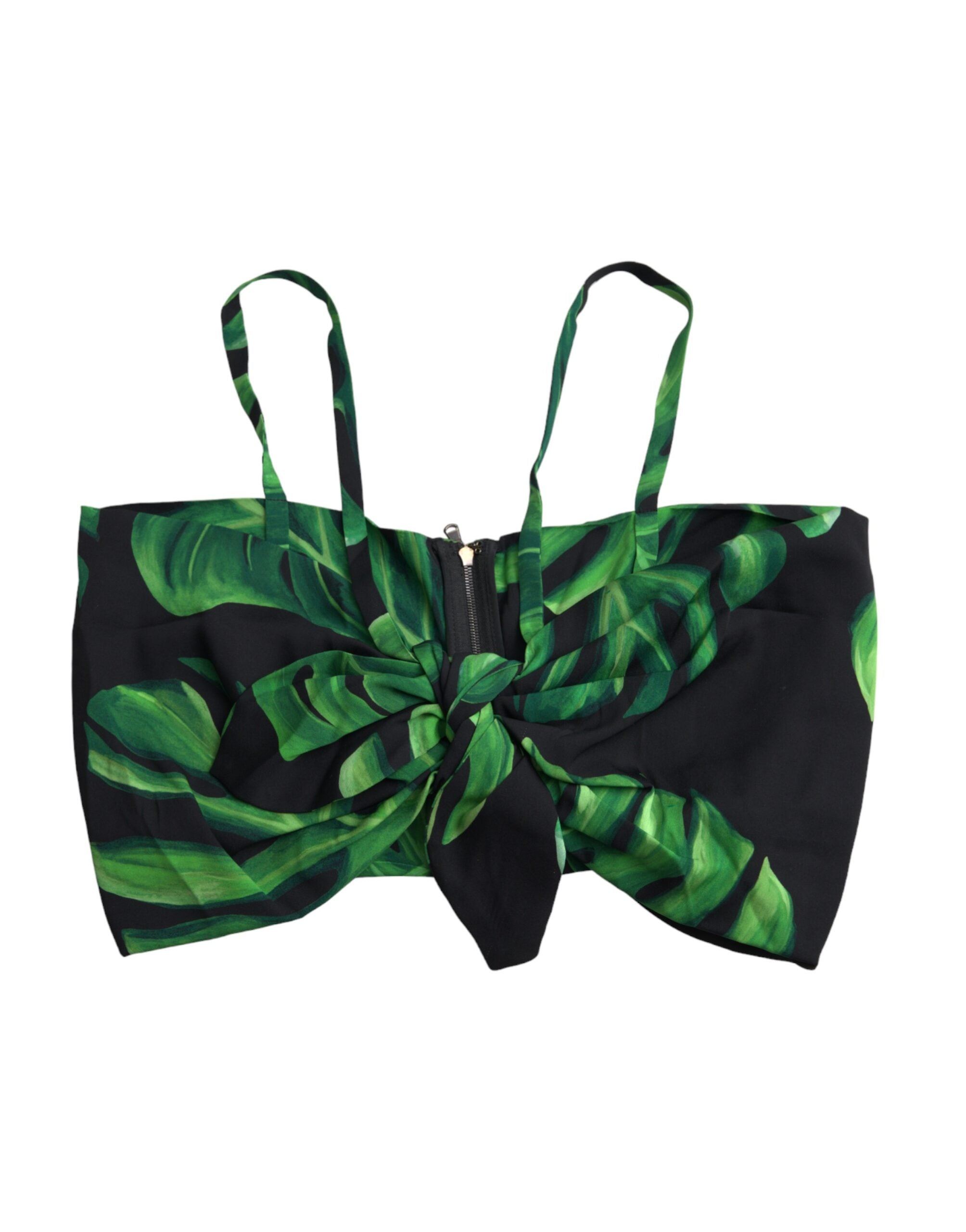 Black Green Leaf Silk Halter Cropped Top - ventzia