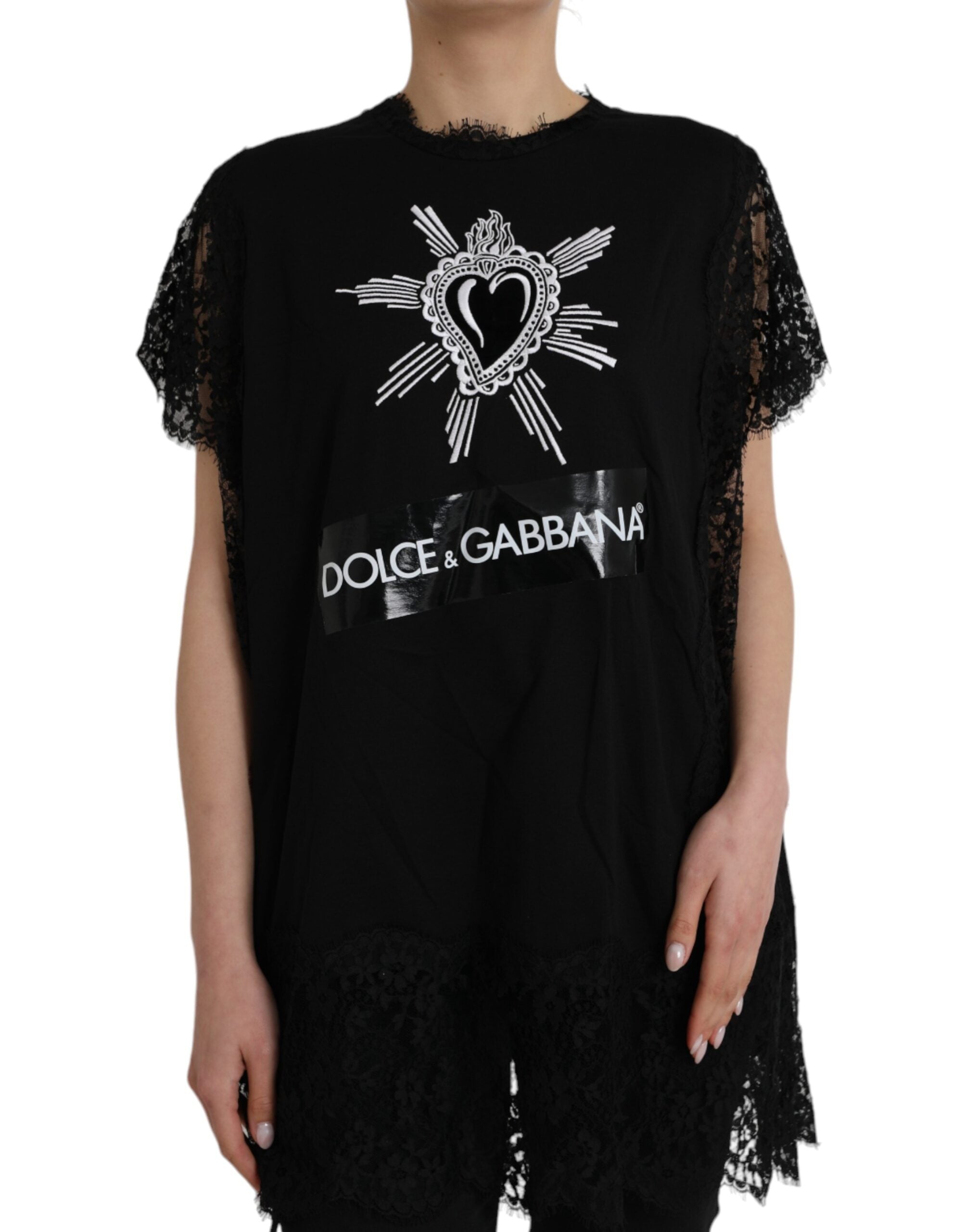 Black Sacred Heart Print Cotton Lace T-shirt - ventzia