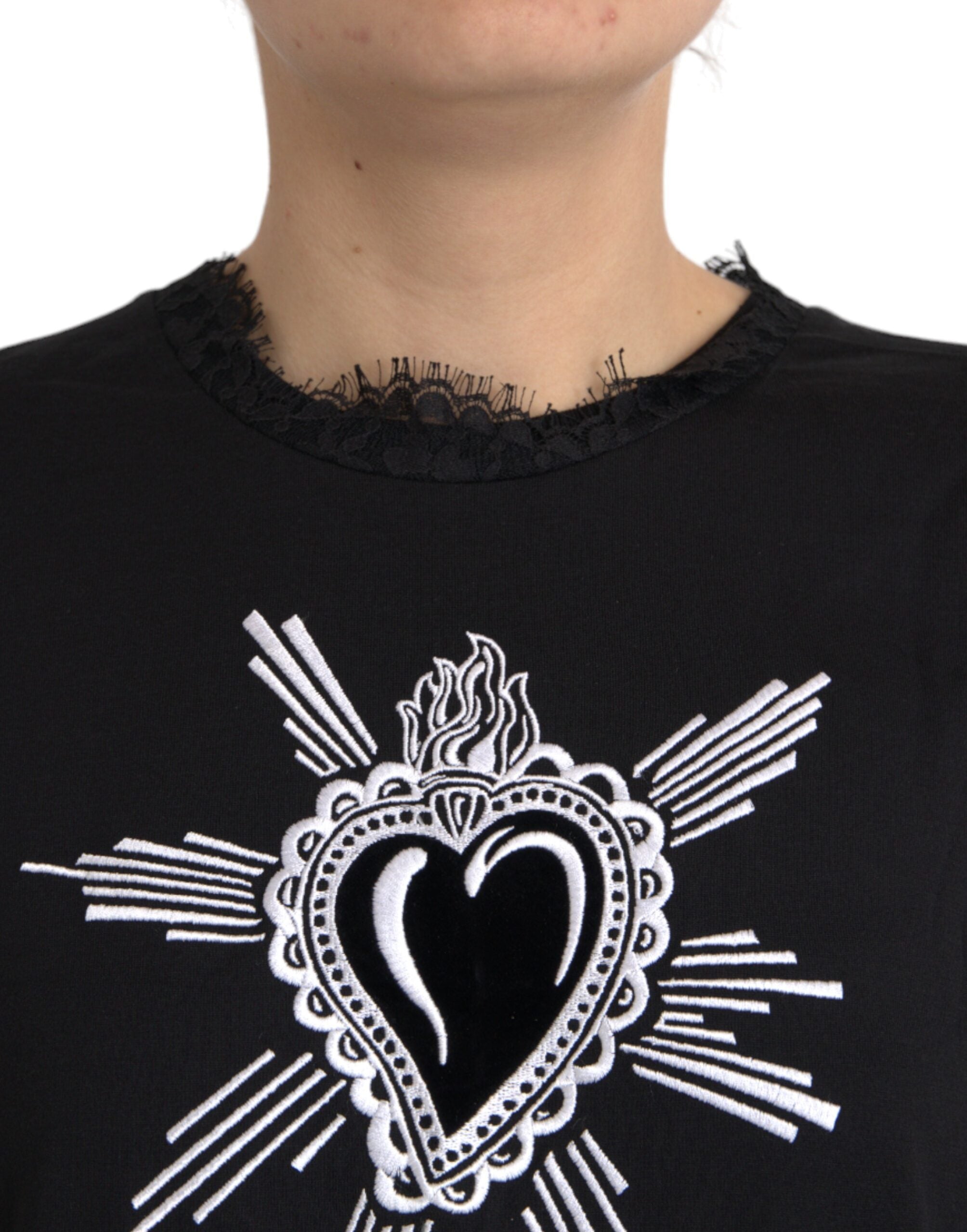 Black Sacred Heart Print Cotton Lace T-shirt - ventzia