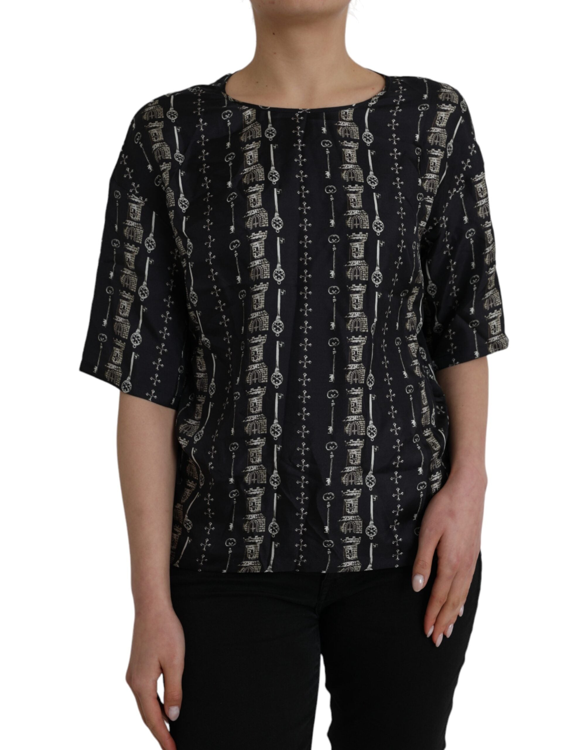 Black Key Castle Print Silk Blouse T-shirt - ventzia