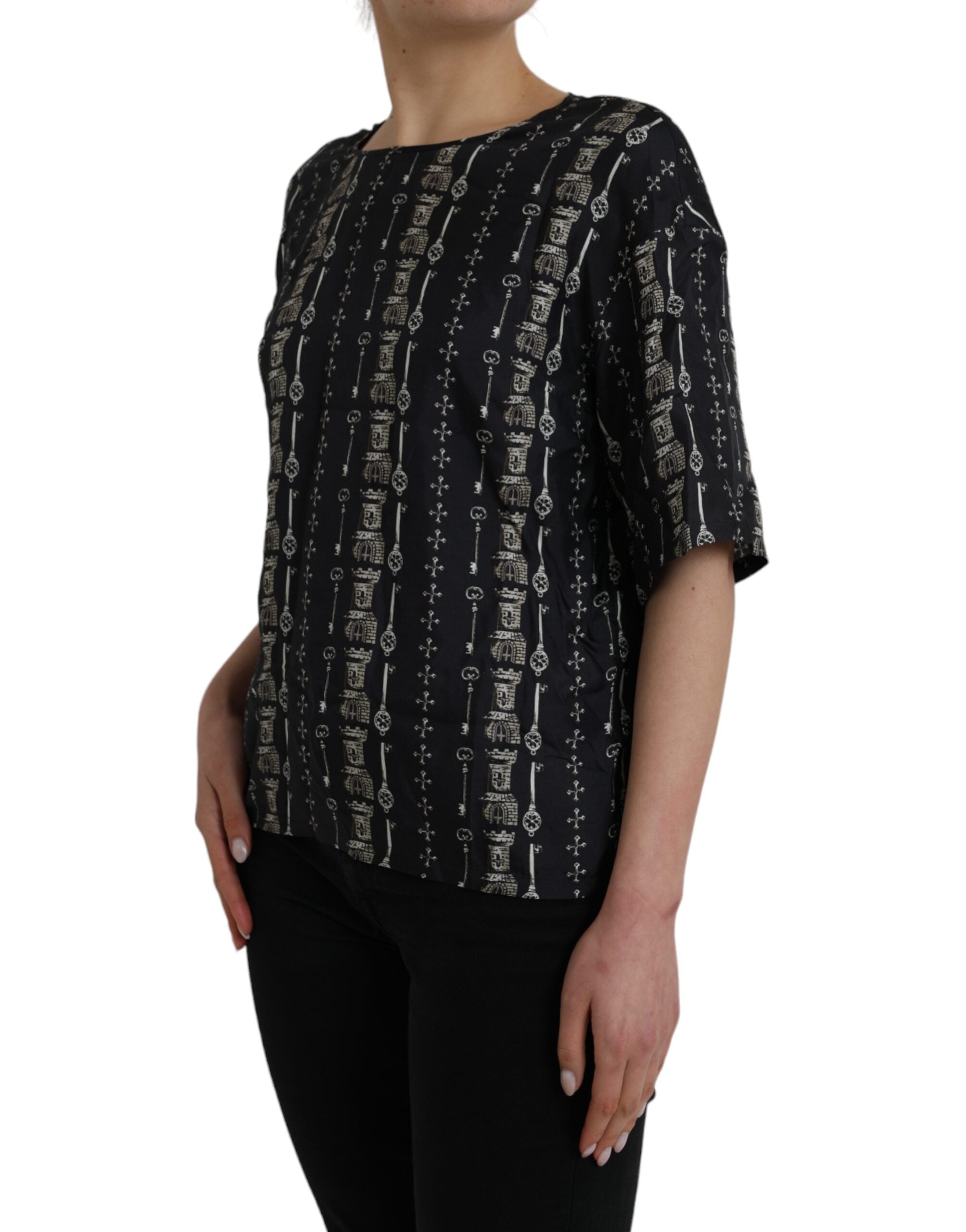 Black Key Castle Print Silk Blouse T-shirt - ventzia