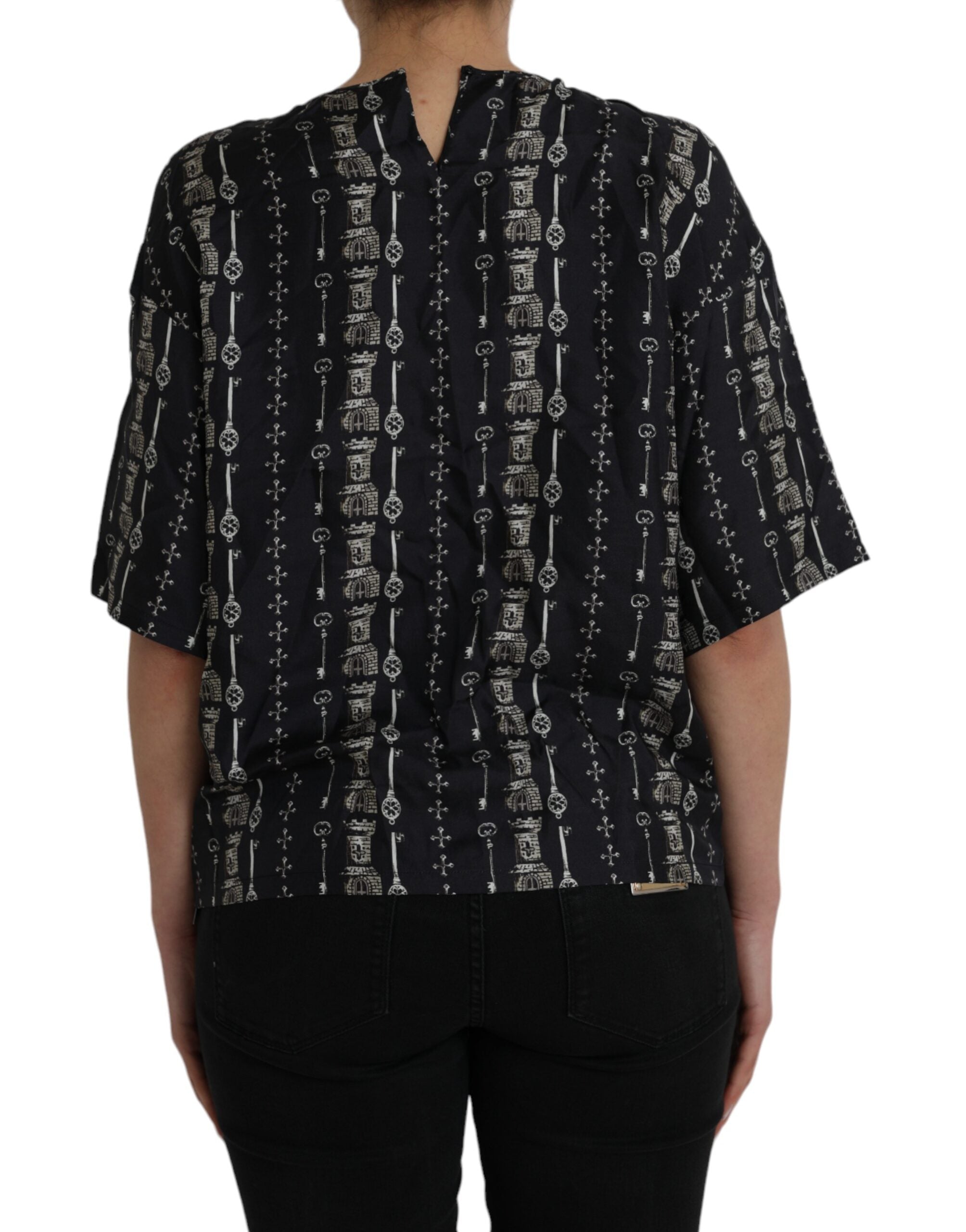 Black Key Castle Print Silk Blouse T-shirt - ventzia