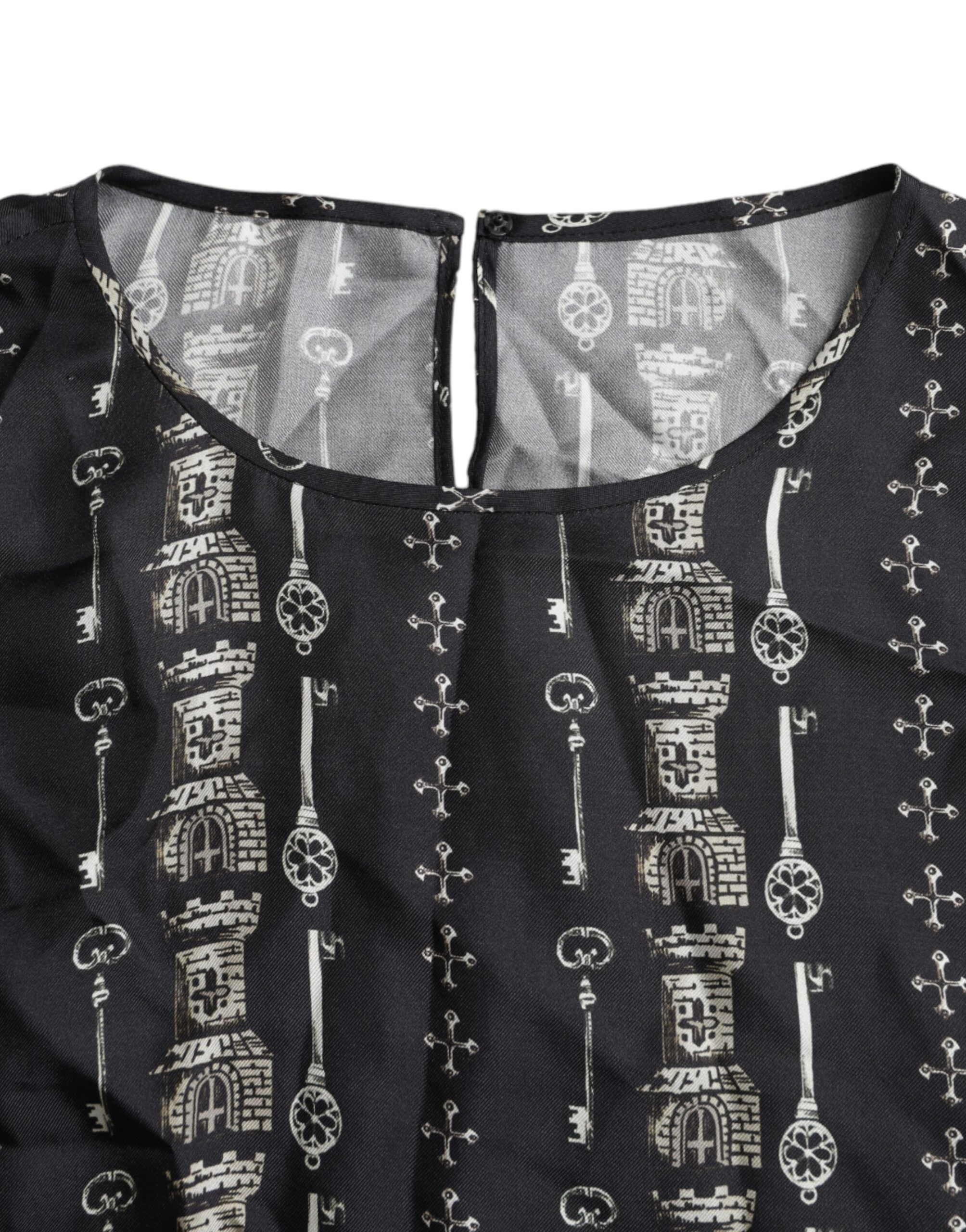 Black Key Castle Print Silk Blouse T-shirt - ventzia