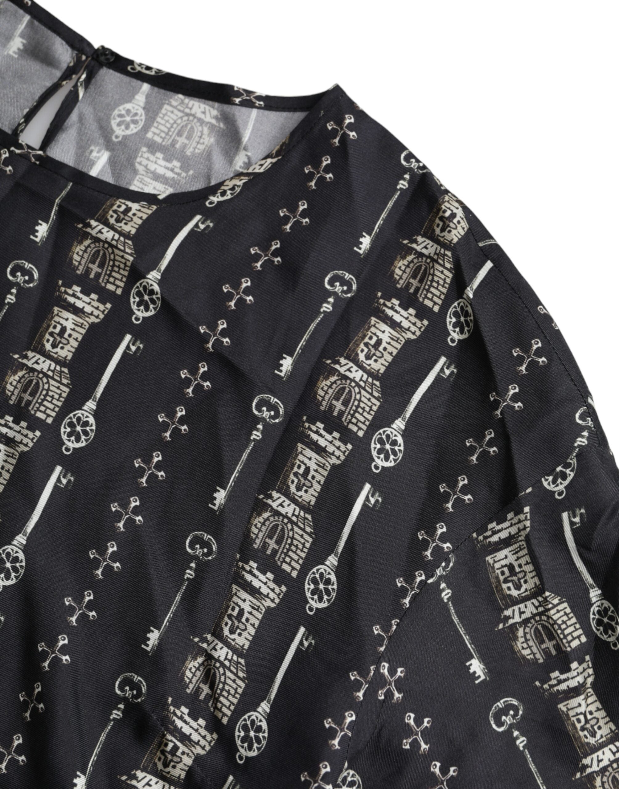 Black Key Castle Print Silk Blouse T-shirt - ventzia