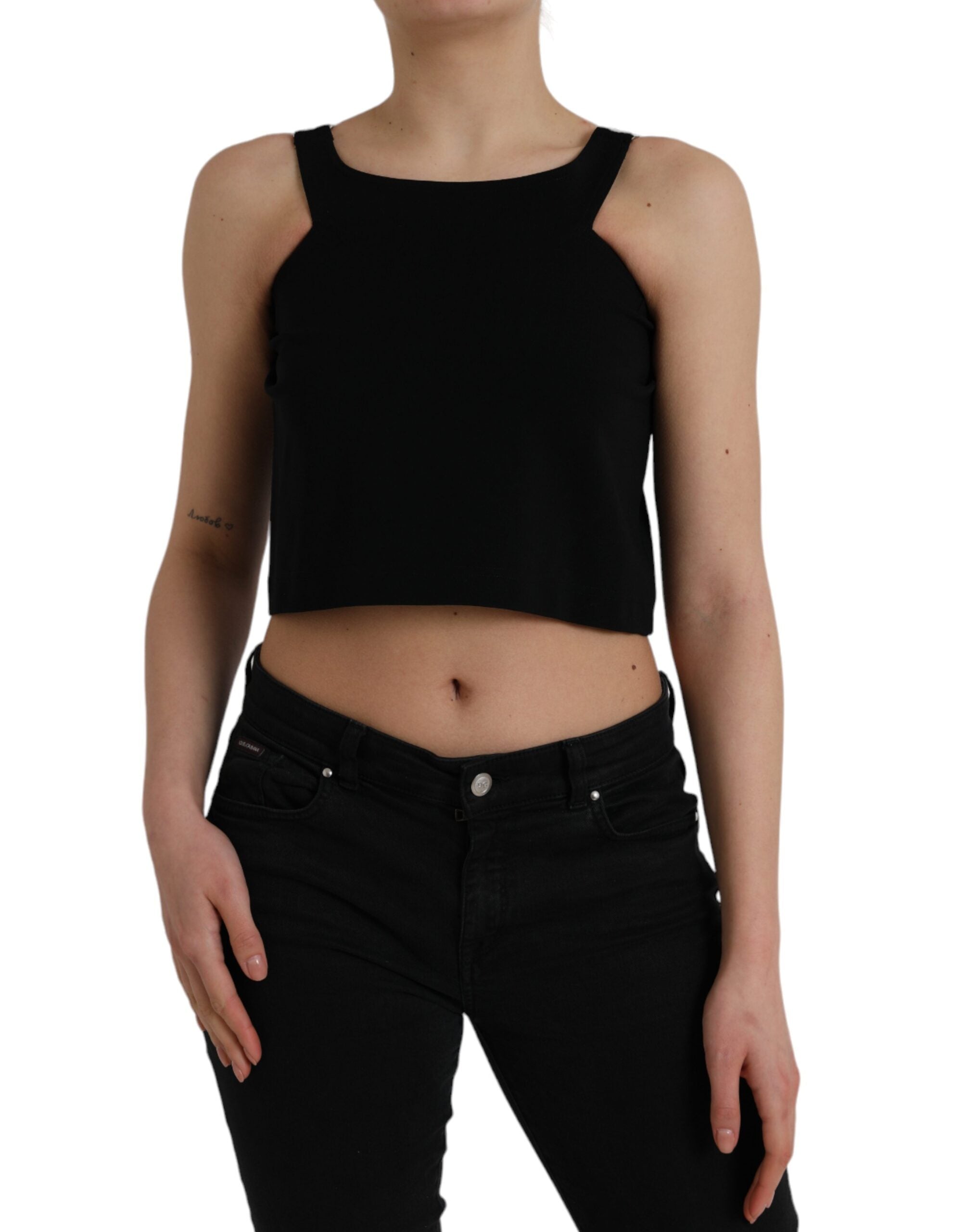Black Sleeveless Round Neck Cropped Tank Top - ventzia