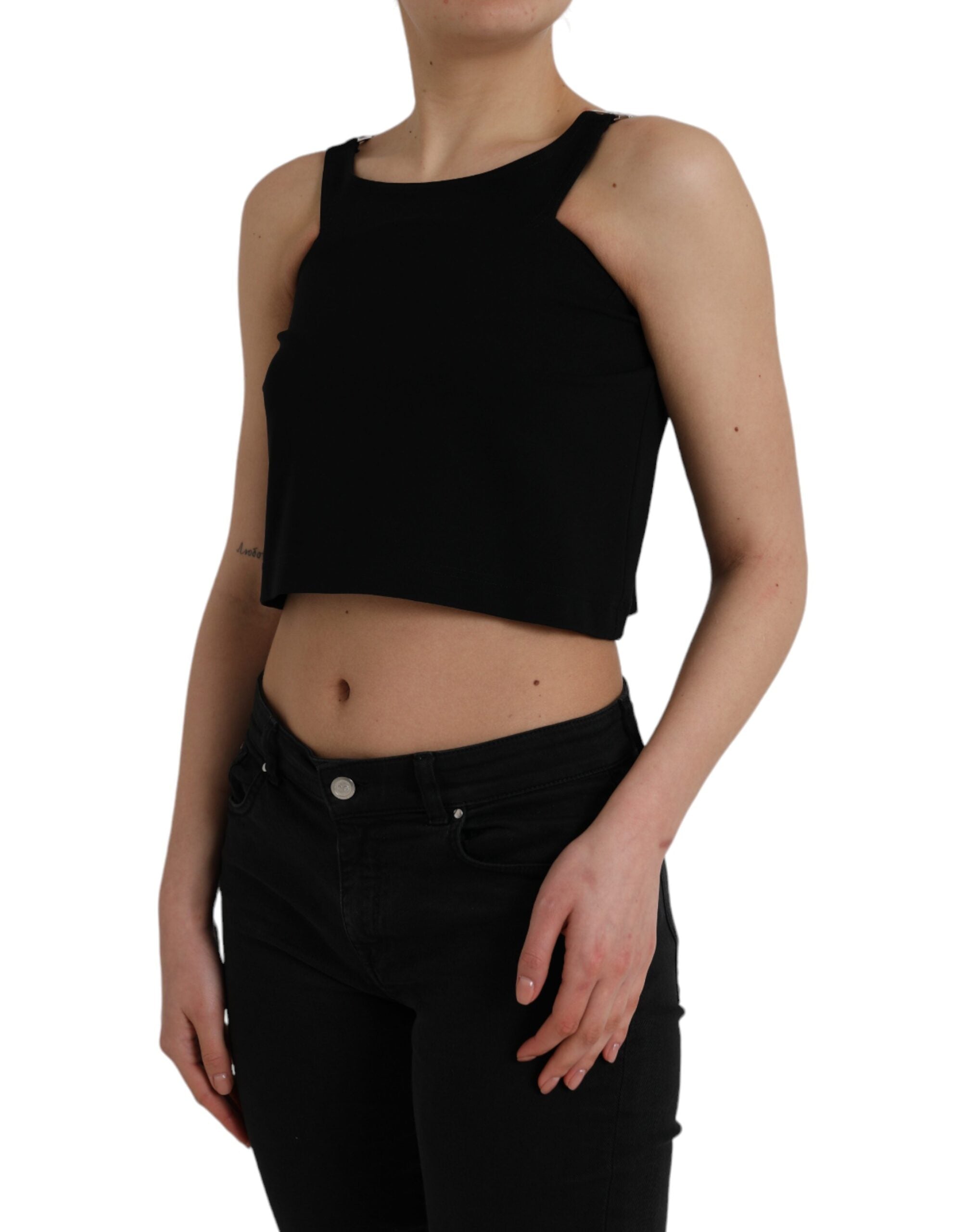 Black Sleeveless Round Neck Cropped Tank Top - ventzia
