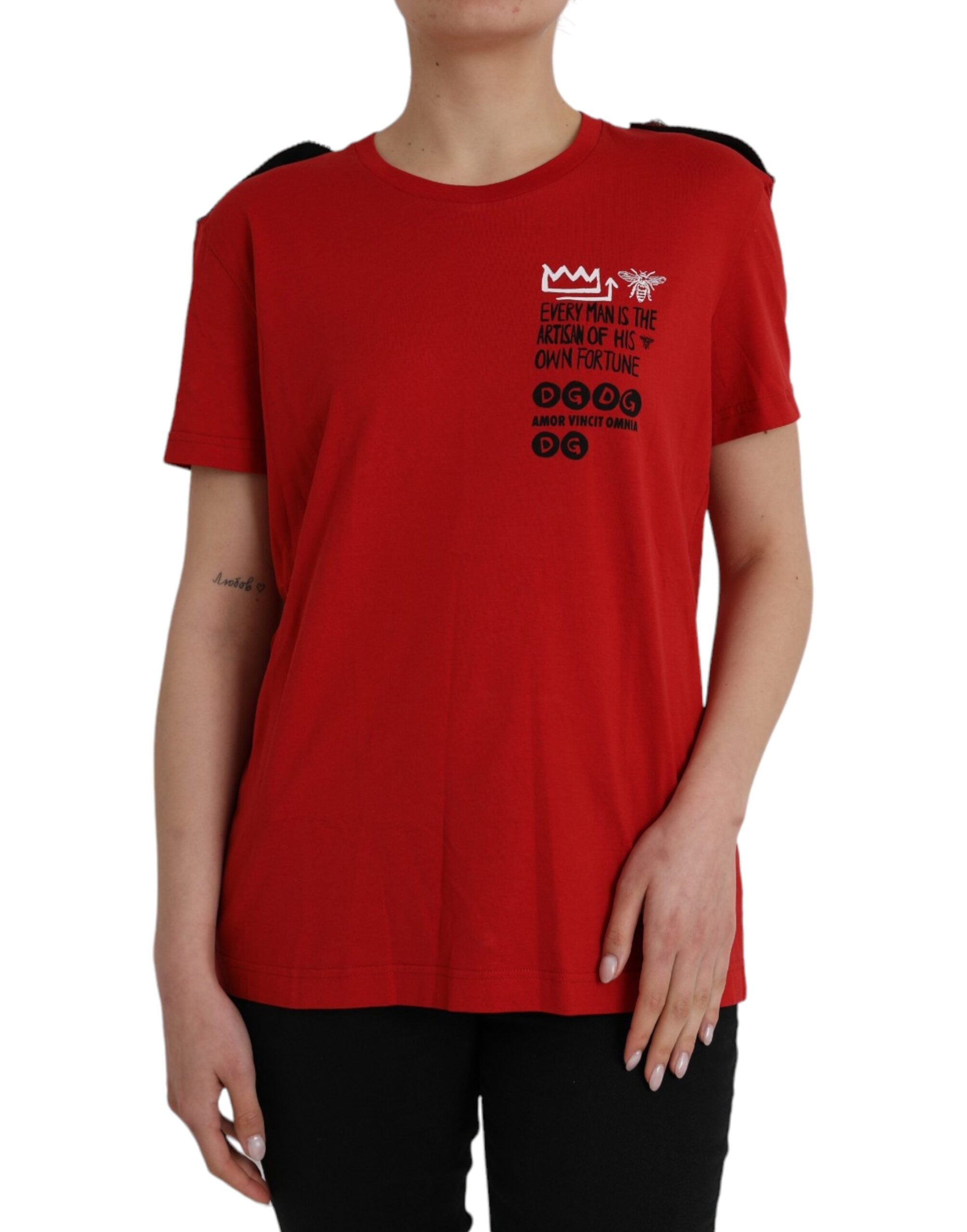 Red Cotton Graphic Print Crew Neck T-shirt - ventzia