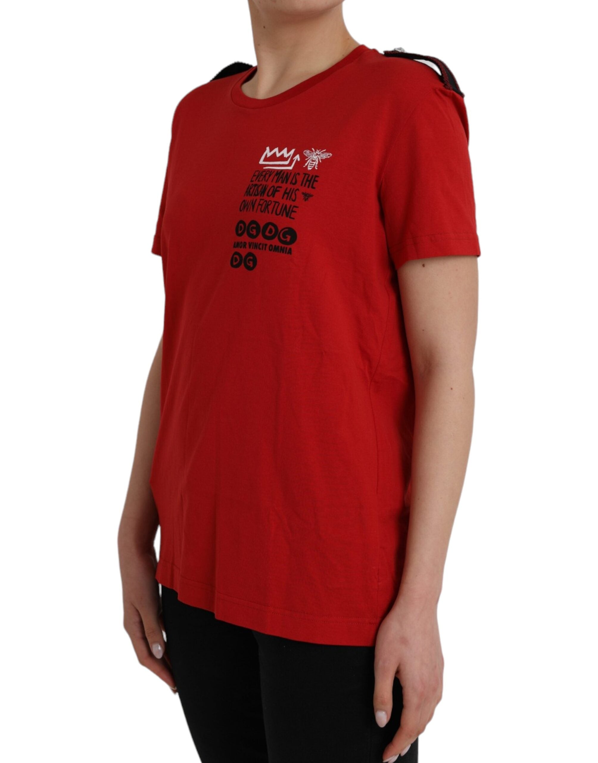Red Cotton Graphic Print Crew Neck T-shirt - ventzia
