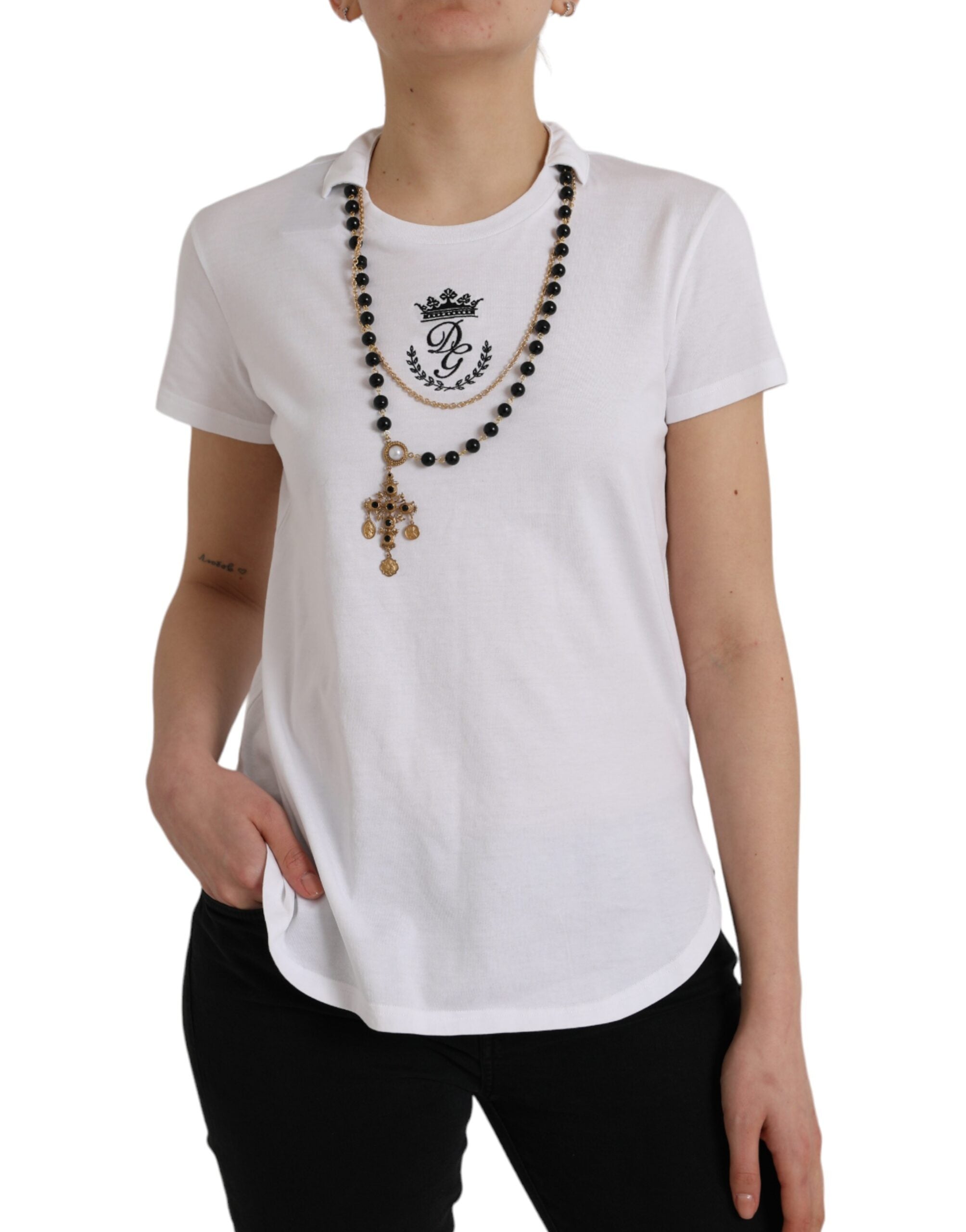 White Cotton Necklace Short Sleeves T-shirt - ventzia