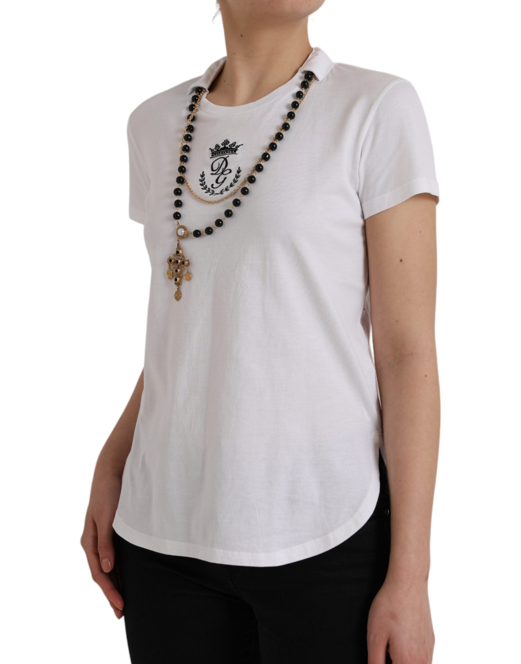 White Cotton Necklace Short Sleeves T-shirt - ventzia