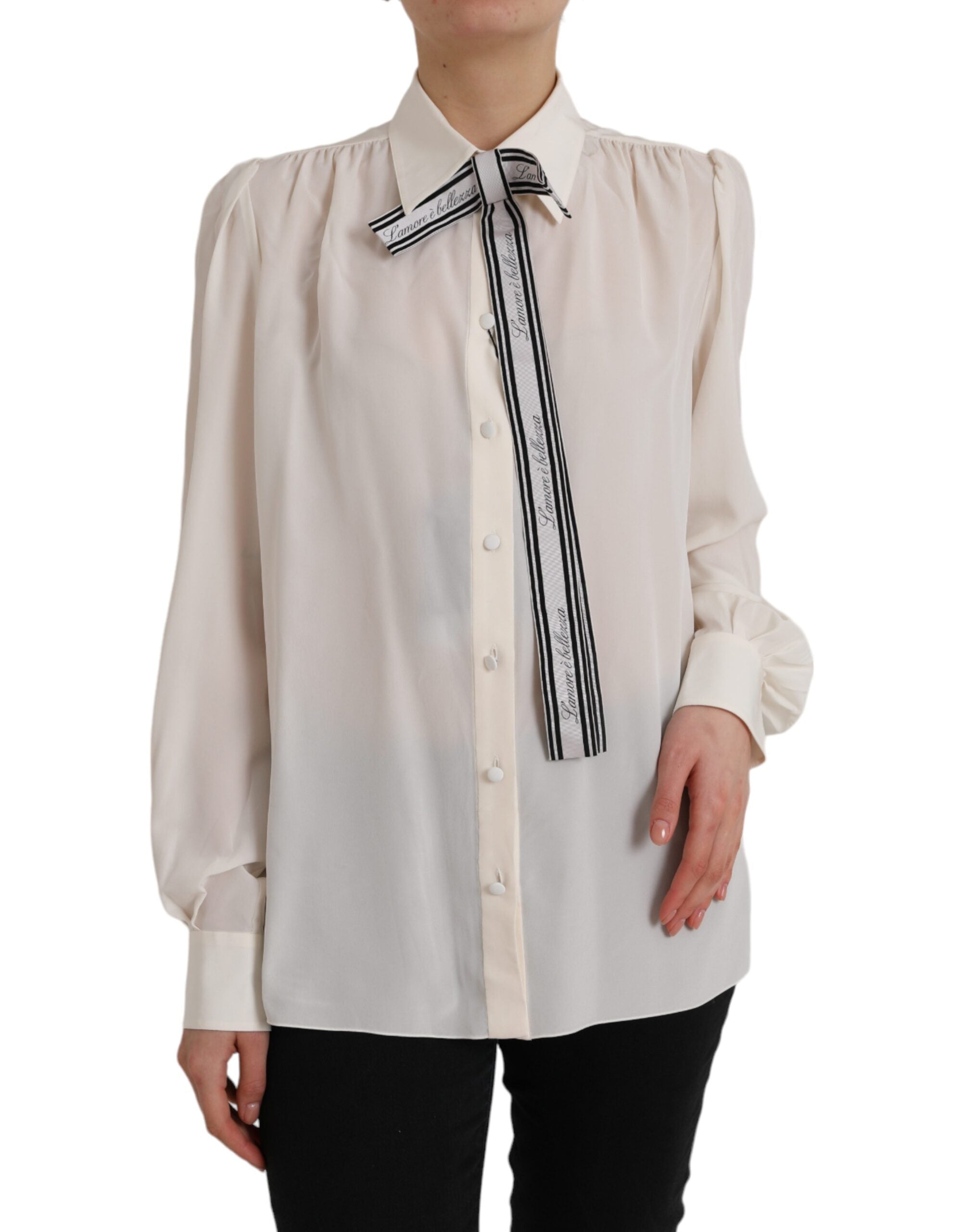 Off White Long Sleeve Button Down Blouse Top - ventzia
