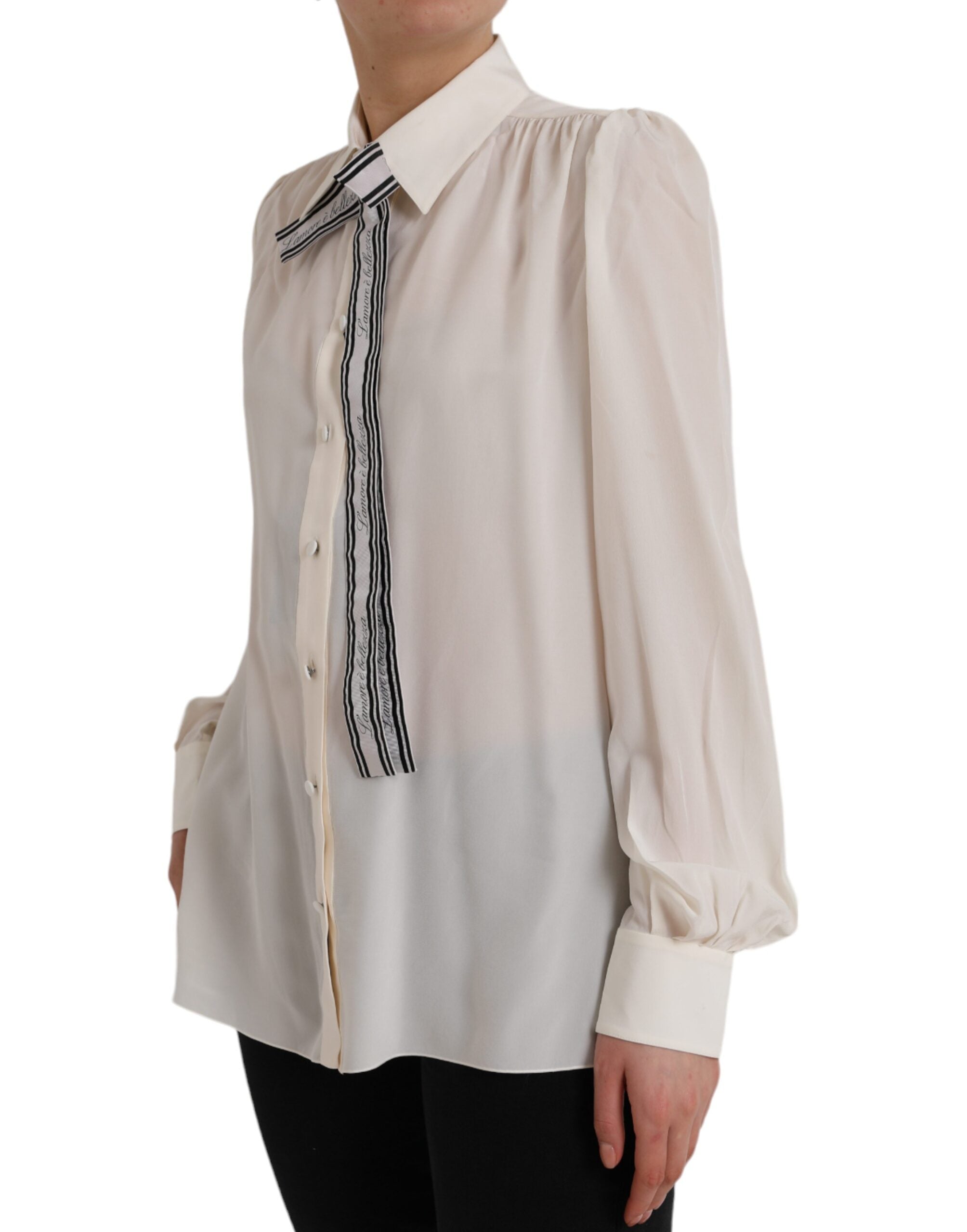 Off White Long Sleeve Button Down Blouse Top - ventzia