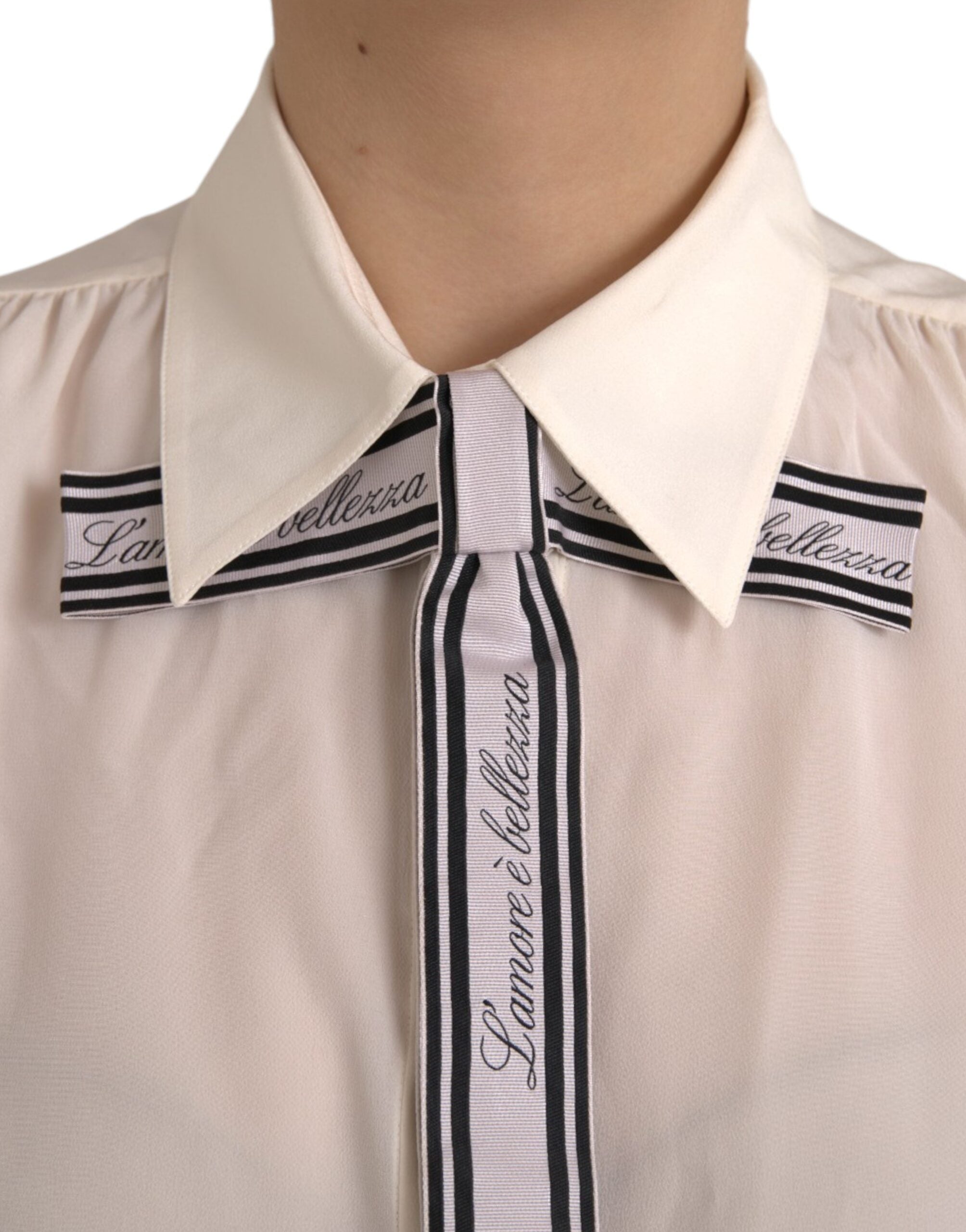 Off White Long Sleeve Button Down Blouse Top - ventzia