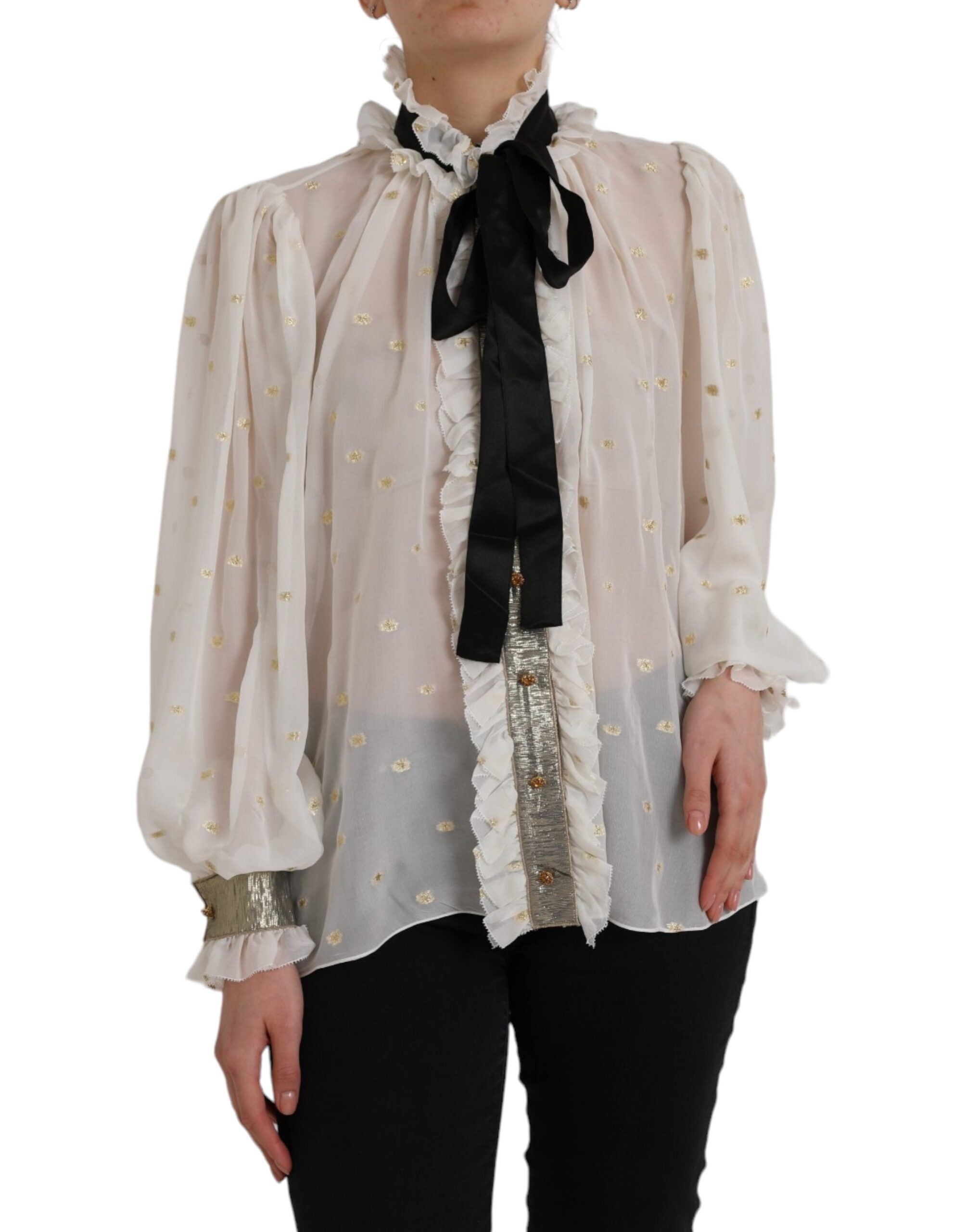 Off White Silk Blend Ascot Collar Blouse Top - ventzia