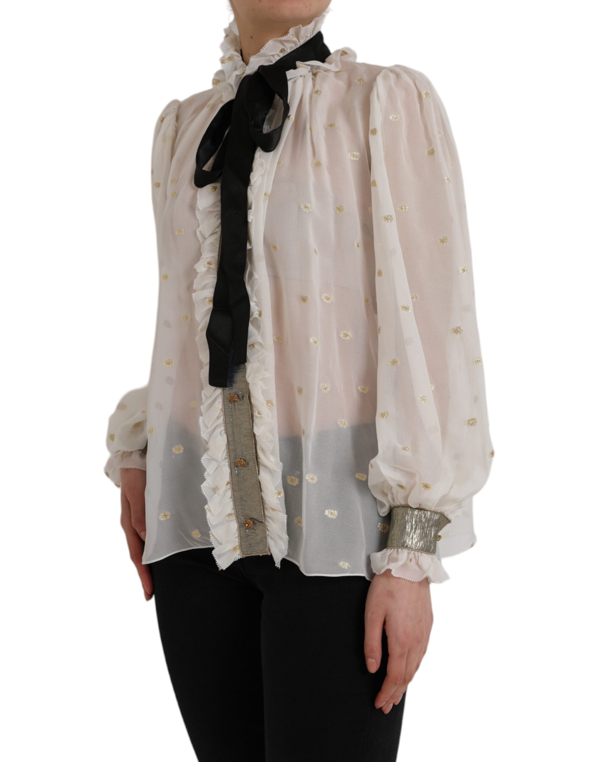 Off White Silk Blend Ascot Collar Blouse Top - ventzia