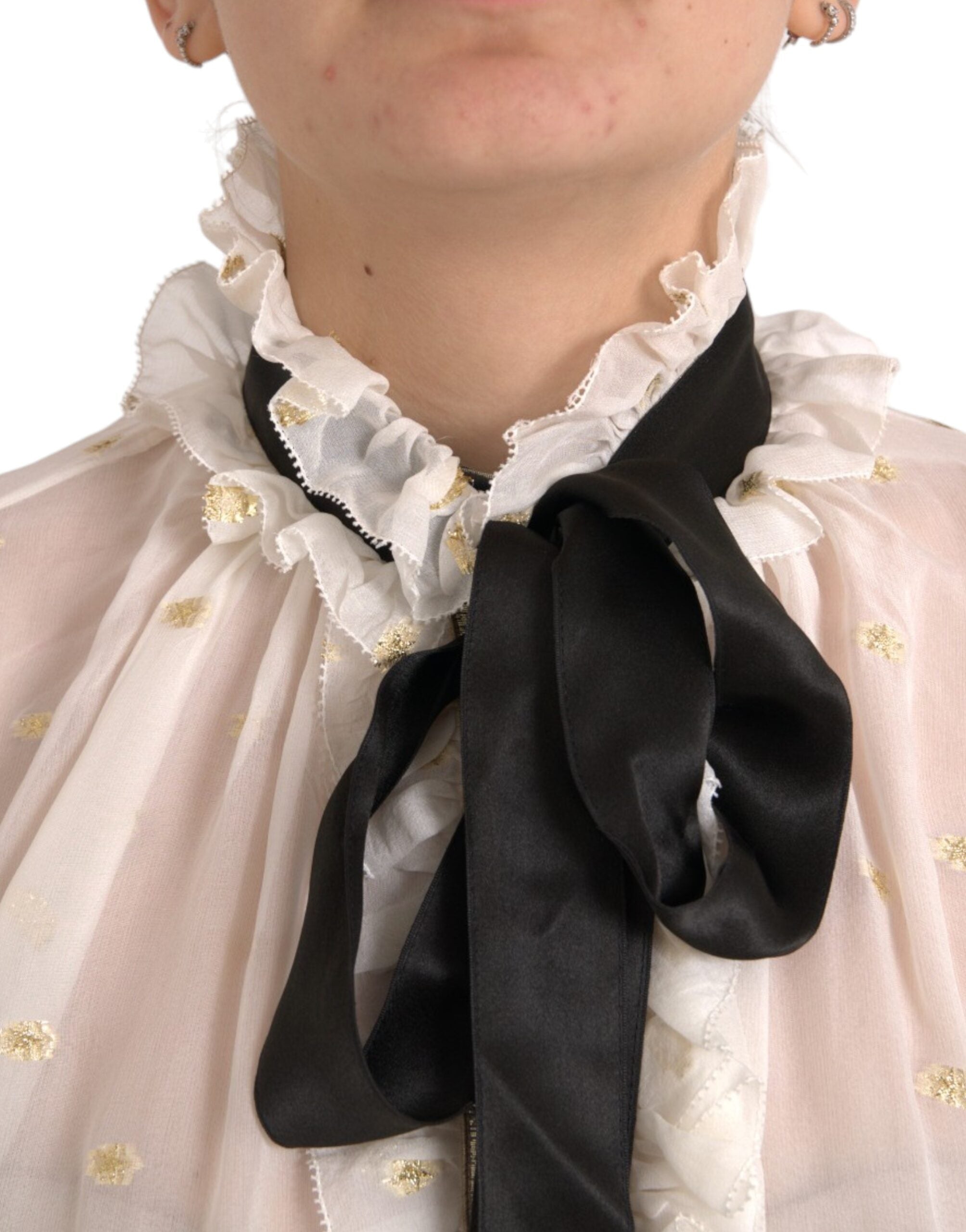 Off White Silk Blend Ascot Collar Blouse Top - ventzia